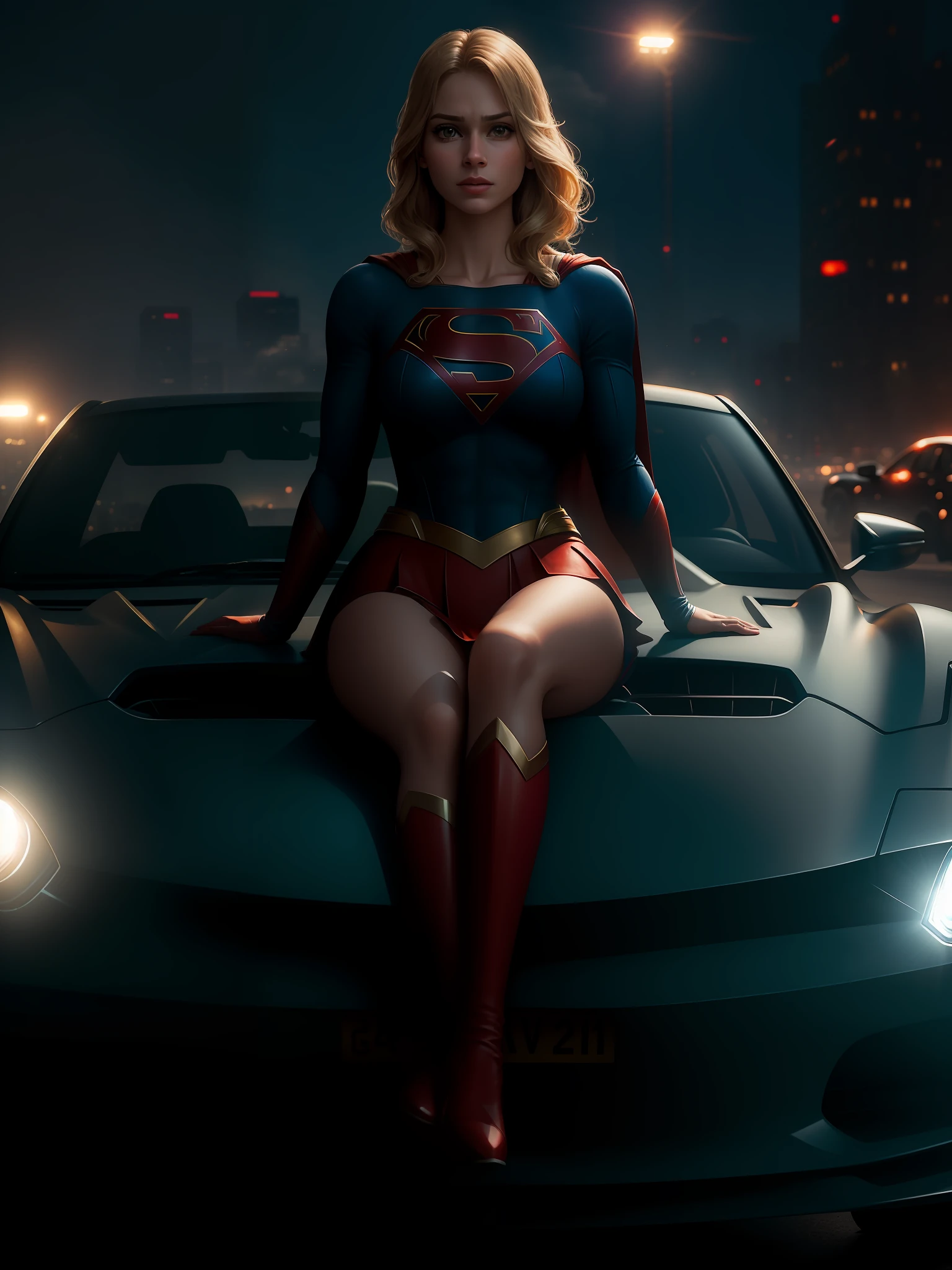Scene from the movie, Supergirl sitting on an expensive sports car
