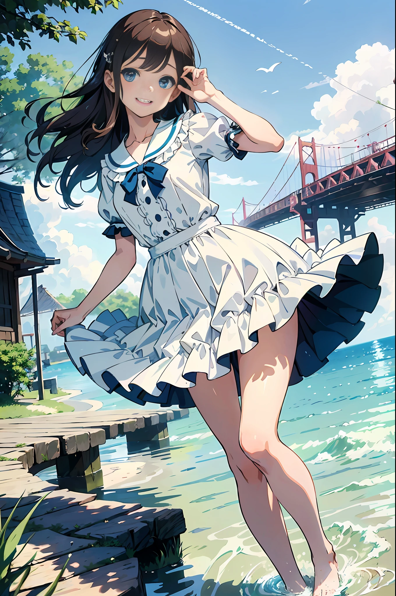 (masterpiece), (illustration), (best quality: 1.3), (absurd photo of a slim cheerful girl frolicking in the rain, kicking up the water: 1.3), crystal clear, (long light brown hair: 1.3), wet hair, (see-through white dress that is wet: 1.3), sailor collar, striped bow, knee-length pleated skirt, ruffled blouse, panniers under a long petticoat, anchor accessories, bare feet, (very detailed smart and gentle face, detailed blue eyes, relaxed laughter: 1.3), playing fun, happy, (meticulously grooming hair: 1.2), high resolution, f1.4,