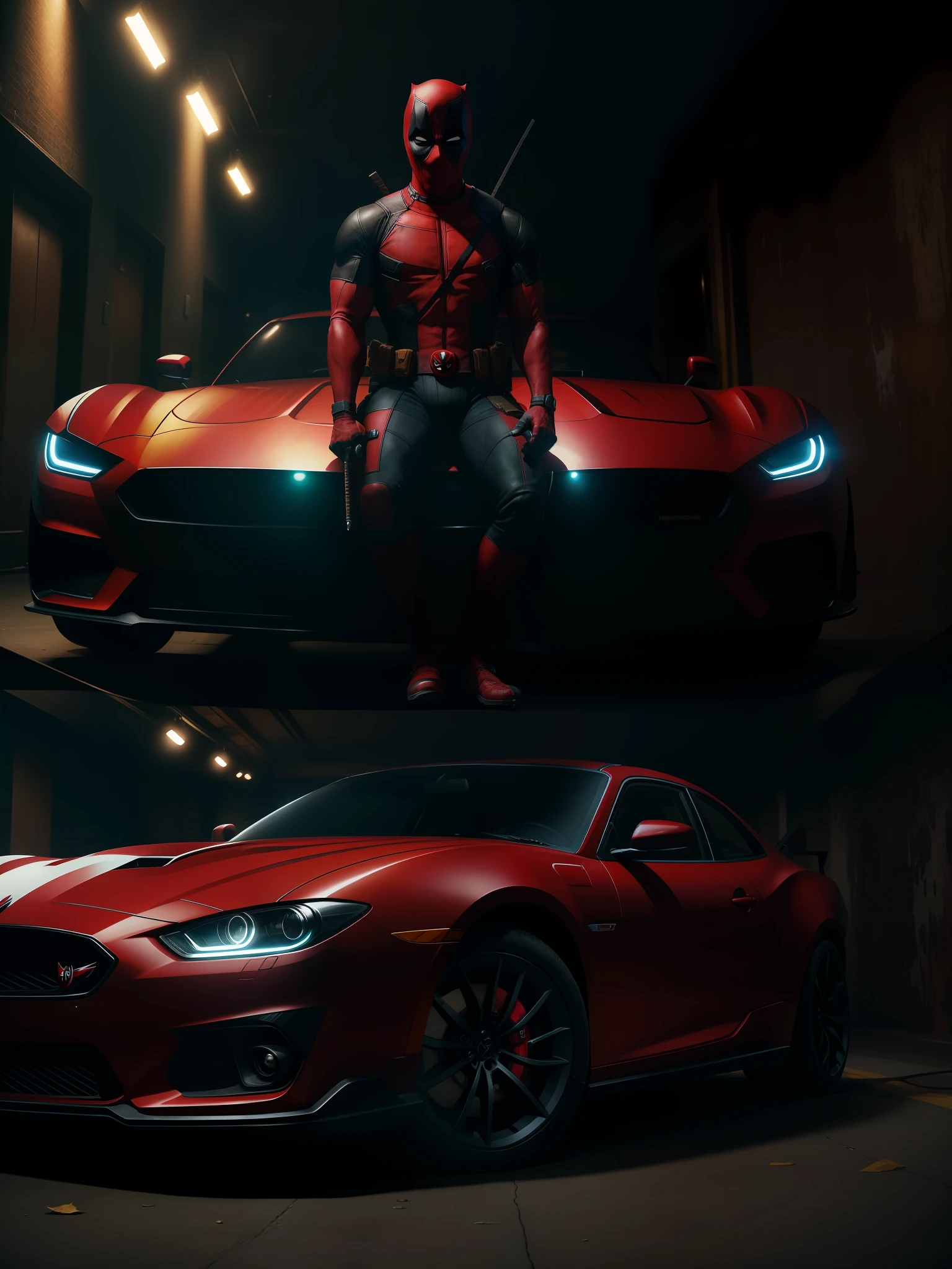 A scene from the movie, Deadpool sits on an expensive sports car