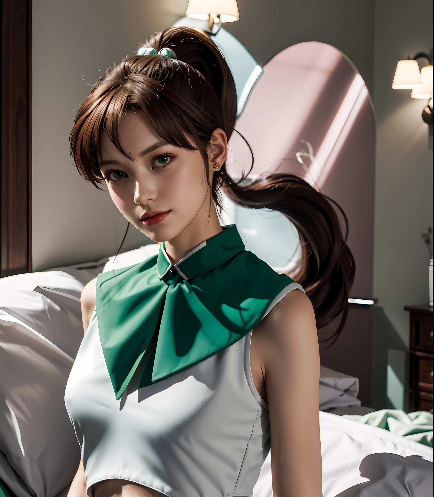 masterpiece, best quality, highres, {{{{{SMjupiter, green eyes, ponytail, tiara, jewelry, sailor senshi uniform, green sailor collar, choker, elbow gloves, white gloves, pink bow, brooch, leotard, green skirt}}}}}, standing, night, {{{{{1 girl}}}}}, {{{{{solo}}}}}, most beautiful photo, complex, high detail, sharp focusing, dramatic, bedroom at night, {{{{{{photo}}}}}}, {{{short torso}}}, {{{very long legs}}}, {{{very thin waist}}}, {{{very small hip}}}, {{{{{very small head}}}}}, {{{{{very oversized well-rounded breastshes like huge watermelons}}}}}, {{{{{gathered breasts}}}}}, {{{white skin}}}, {{{light brown hair}}},{{{{{{30 years old}}}}}}, {{{{waist shot}}}}, {{{{{horizontal-angle shot}}}}}, {{{emotionless face}}}, {{{looking at the viewer}}}, {{{{{chest height perspective}}}}},
{{{defeated in fight}}}, {{{exposed breasts}}}, {{{hiding by hands}}}, the edge of the mouth is cut and bleeding,
