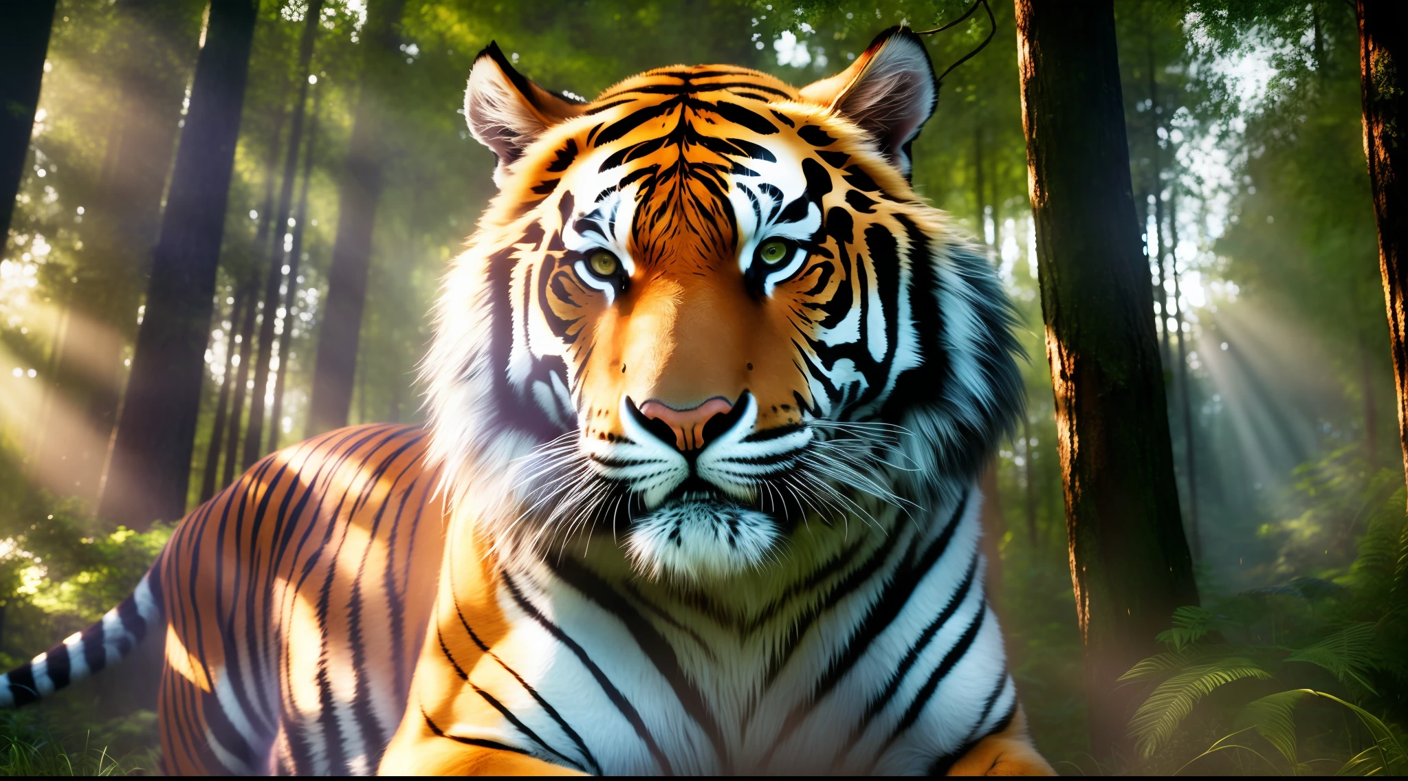 ((best quality)), ((masterpiece)), ((realistic)), Majestic tiger in a lush forest, at sunset, with rays of light filtering through the trees. The scene conveys a sense of power and tranquility. Digital painting in high definition, with a vibrant color palette and incredible details, in the realistic style of wild animals. by Greg Rutkowski. 3D art, with realistic textures and stunning lighting effects. A true work of art to be appreciated in all its details. at eye level, scenic, masterpiece, cinematic lighting, detailed lighting, photon mapping.