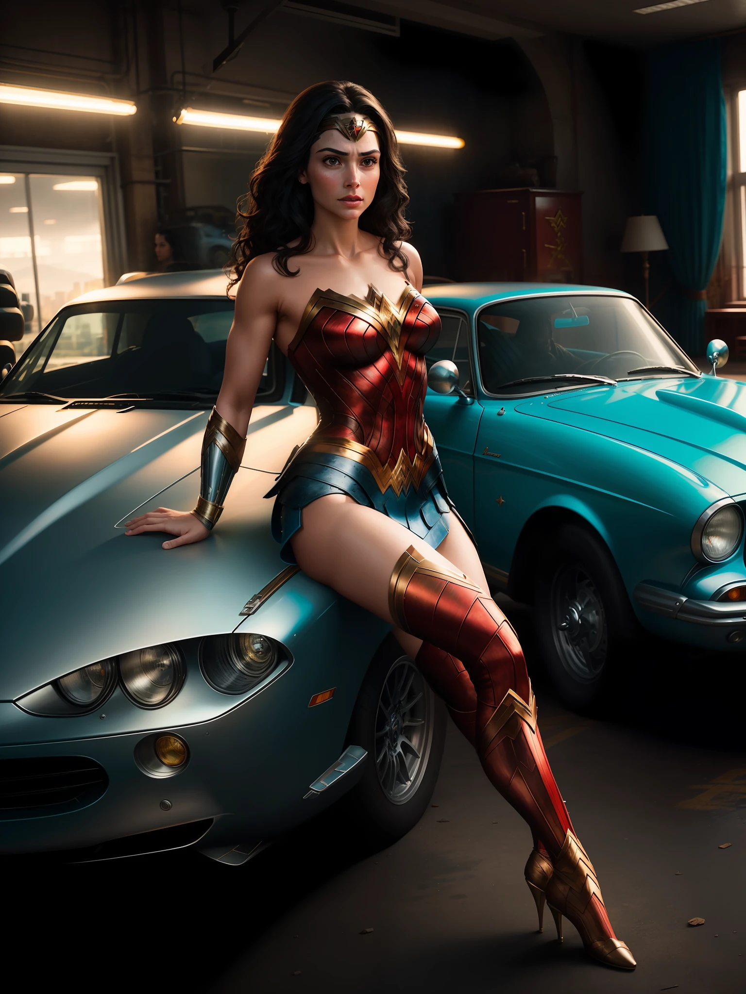 A scene from the movie, Wonder Woman sits on an expensive sports car
