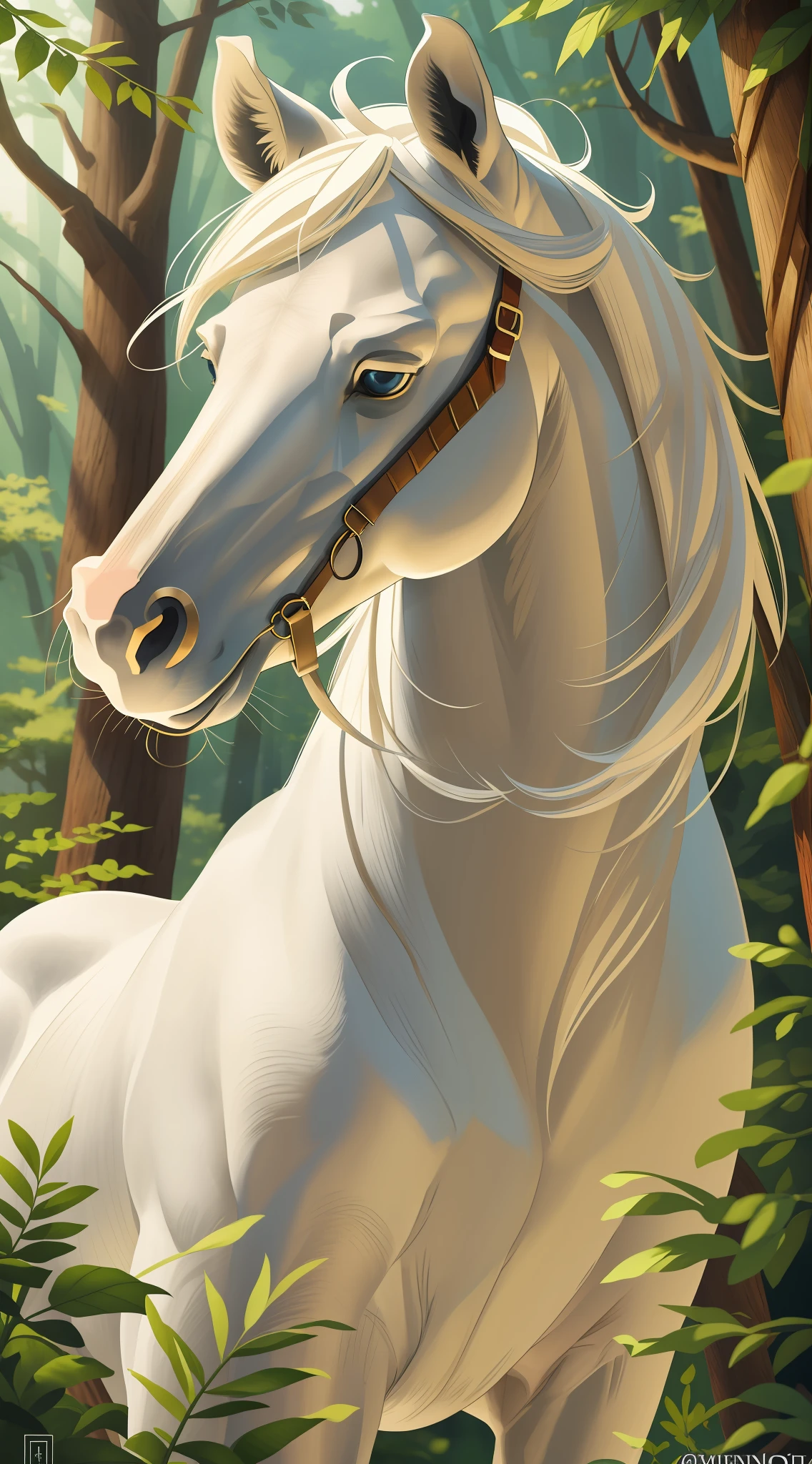 Majestic horse of white color. strong, elegant, white mane. Harmonious forest. Harmonious grove, large scale, (open image) large image aperture..