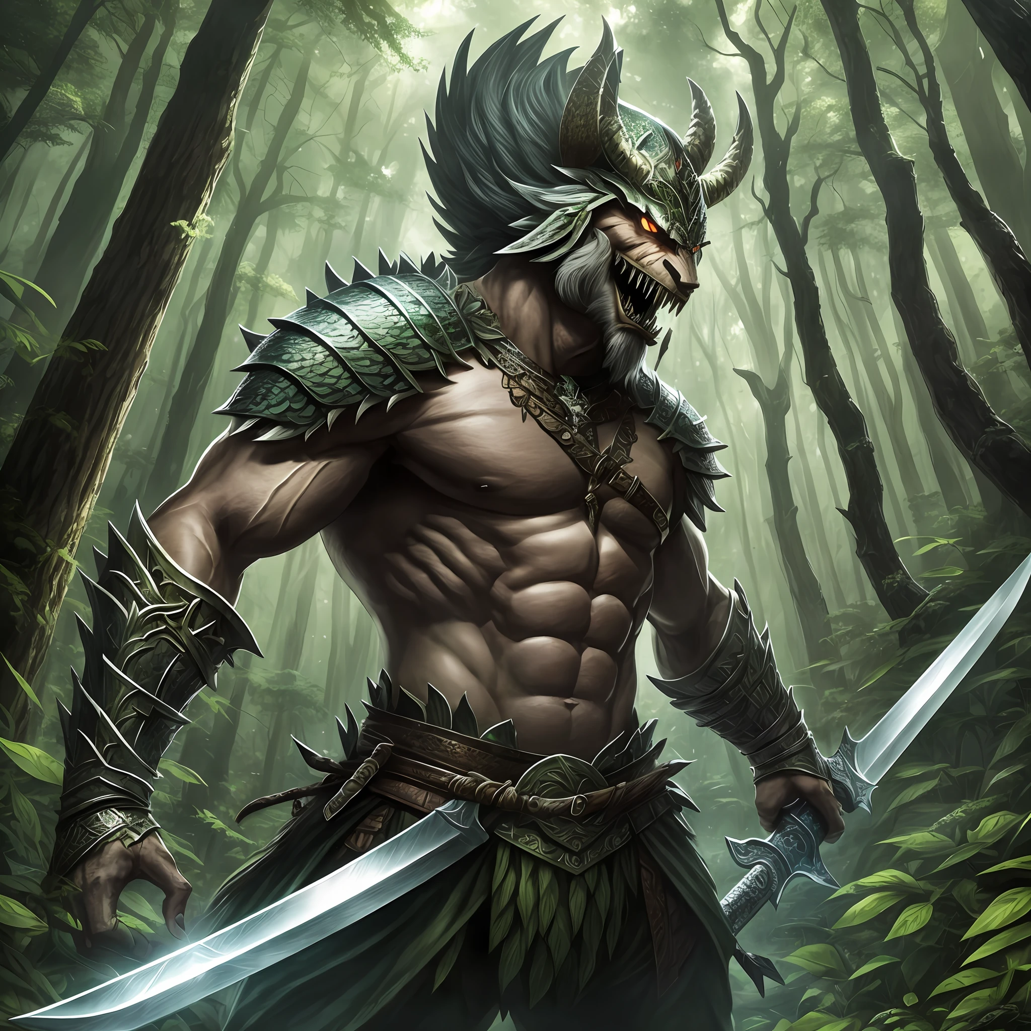 "Draw a warrior with a sword in a dense forest, facing a giant monster with scales and sharp teeth." --auto --s2