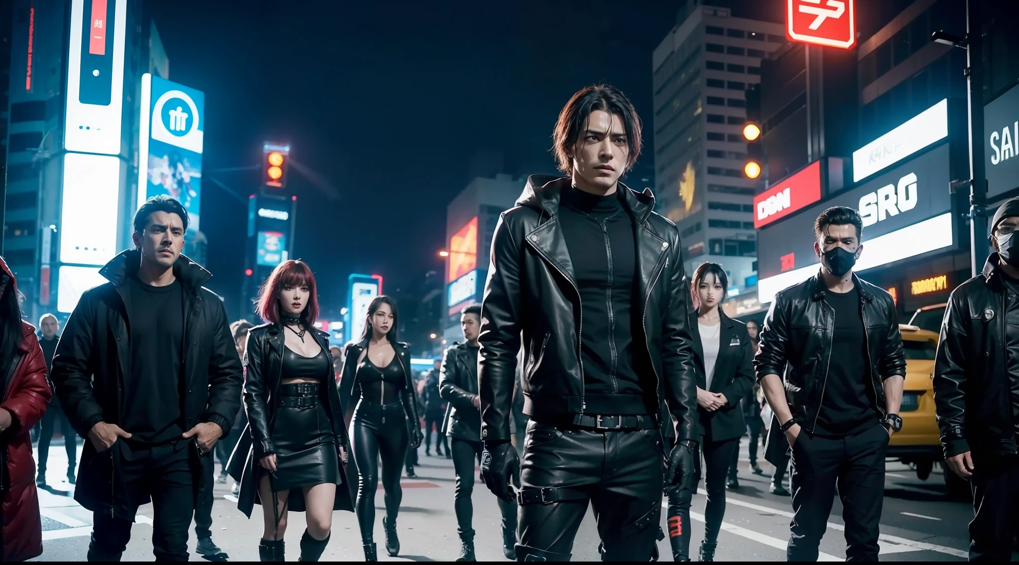 Group of actors, men and women, in cyberpunk costumes engaged in intense and exciting action sequence, vibrant, photorealistic, realistic, dramatic, dark, sharp focus, 8k