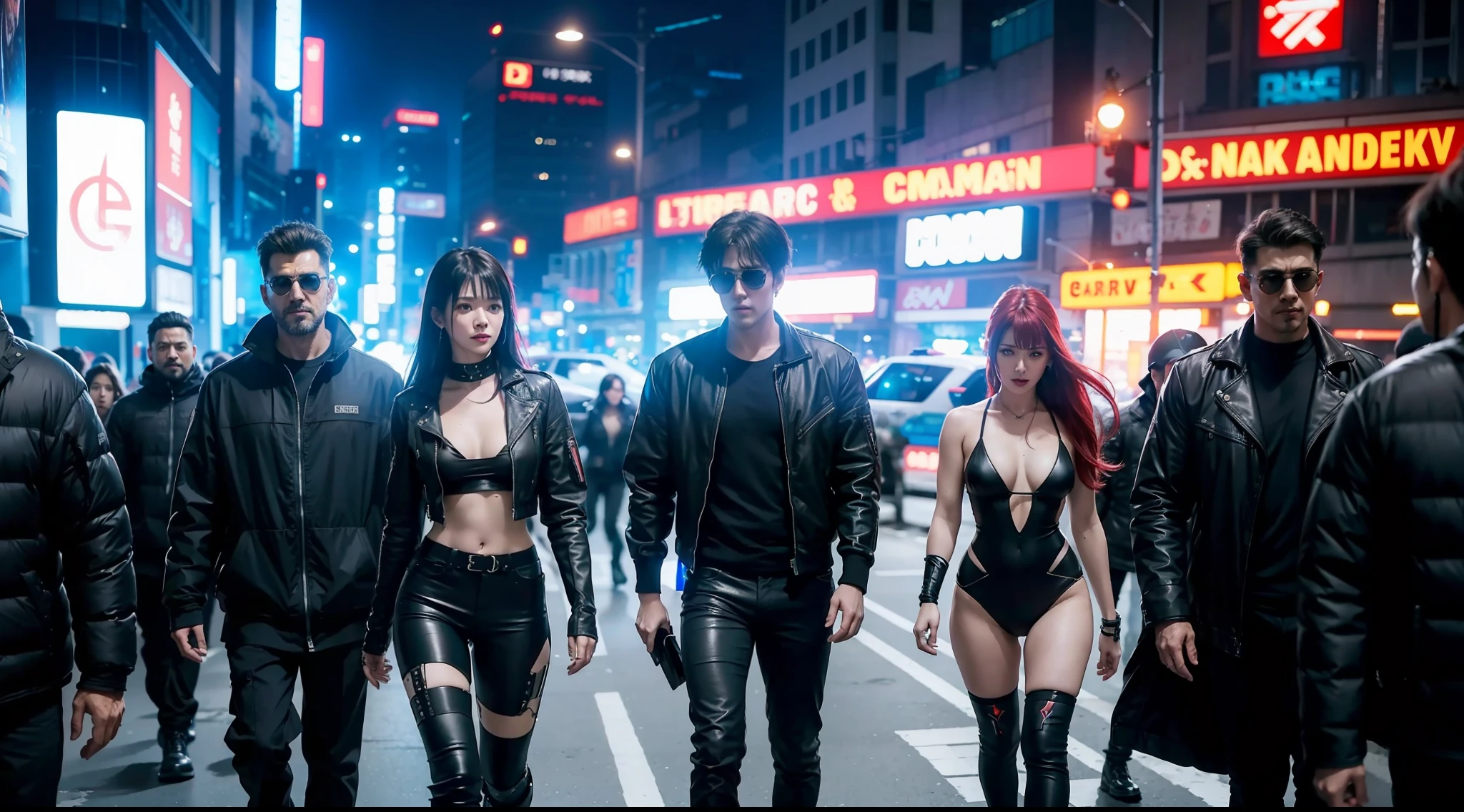 Group of actors, men and women, in cyberpunk costumes engaged in intense and exciting action sequence, vibrant, photorealistic, realistic, dramatic, dark, sharp focus, 8k