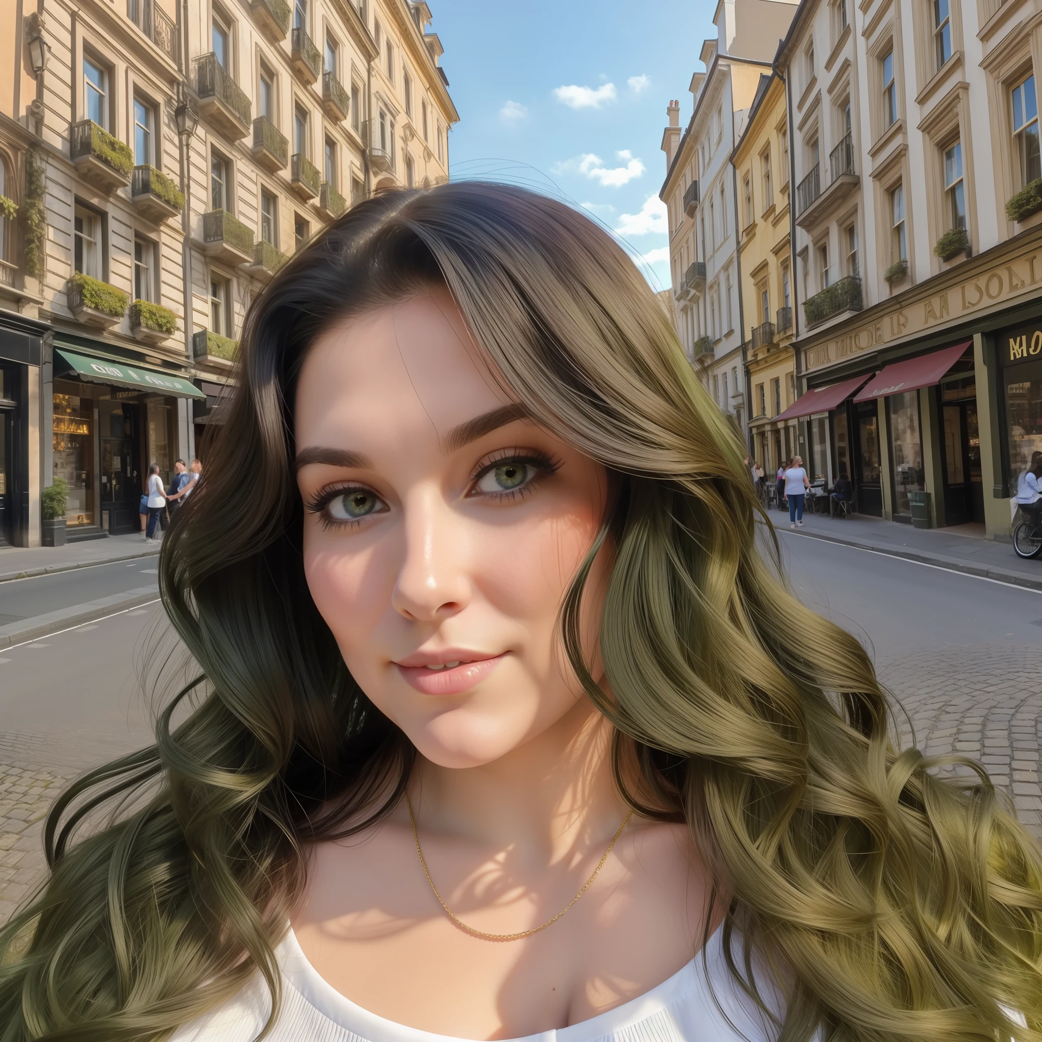 90 kilo woman, very beautiful, 40 years old, face selfie, up close, wavy long black hair, fat, plus size, in moss green blouse, in a classic city by day, sun and blue sky, ultra realistic, 4k