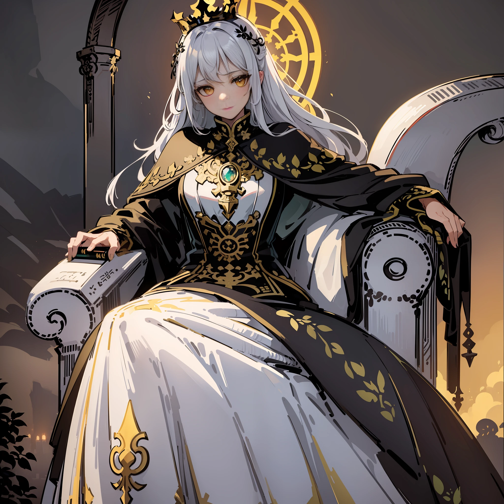 (Masterpiece:1.2), best quality, (illustration:1.2), (ultra-detailed), hyper details, (delicate detailed), (intricate details), (cinematic light, best quality Backlights), clear line, from below, soloist, perfect body, (1girl), white hair and yellow eyes, (emperor, black see-through clothes), (crown: 1.1), sitting on the throne, eyes slightly closed, head down, (shy: 1.2 ), (makeup), high contrast, (best illumination, an extremely create and beautiful), (cinematic light), colorful, Holding the magic book in his hand, contemptuous eyes