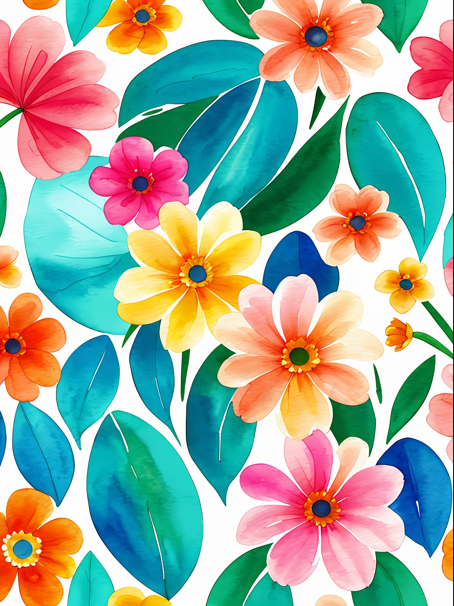 watercolor, flower, pink and orange, beautiful, watercolor style, flower and leaf patterns, wet in wet technique, mute, indigo, fabric design, flat illustration, highly detailed cleaning, vector image, masterpiece, professional, isometric, bright vector, white background, dry brush, brushstrokes, painted on canvas, by J.M.W. Turner. expressive marks. Tile