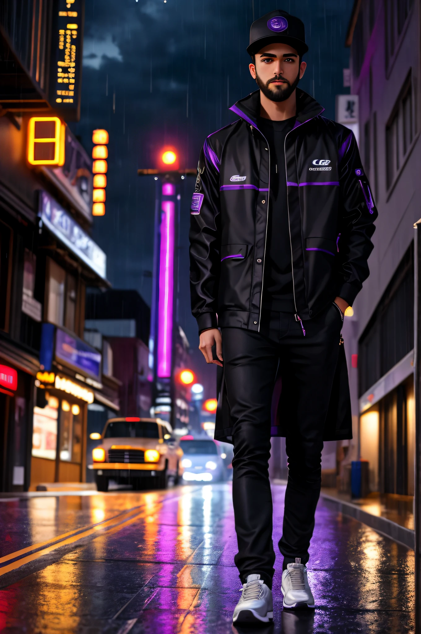 (masterpiece: 1.2, best quality), (real image, intricate details), ray tracing, detailed face, extremely detailed 8k CG unit wallpaper, illustration, 1boy, black hair, truck cap cap, tall body, slim body, bright purple eyes, beard on face, tall and slender body, oversized black jacket with purple lights, city landscape, alley, neon lights, low angle camera shot, wide shot, full body shot, raining, night sky, isolated, canon camera in hand