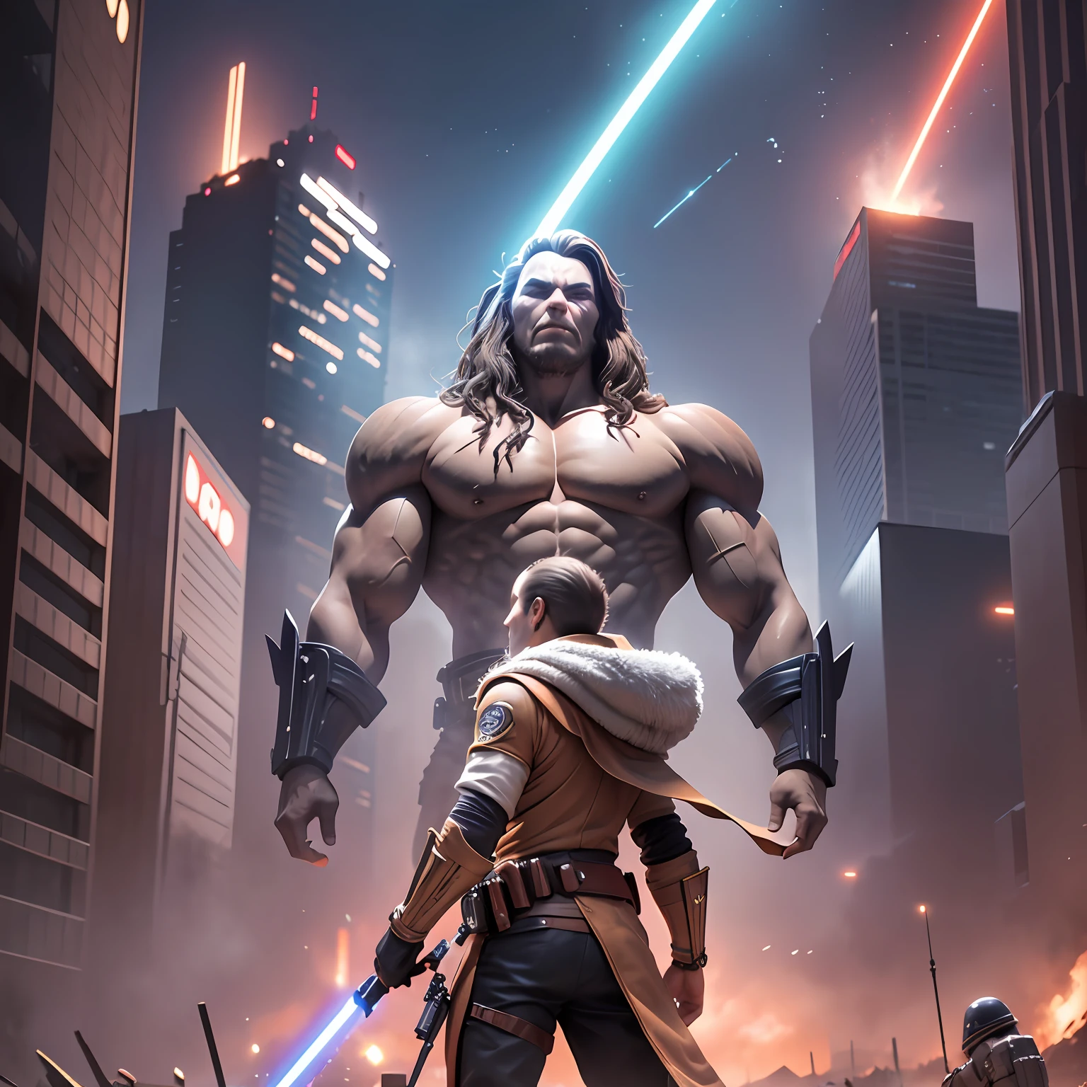 impressive cover of a movie poster that combines elements of Star Wars with the apocalyptic scenario of the city of Belo Horizonte. The background image depicts the crumbling skyscrapers of the city, with smoke and debris all around. In the center of the image, a young Jedi with a blue lightsaber stands heroically amidst the chaos, exuding confidence and determination. Beside him, a muscular and intimidating Wookiee warrior wields a powerful weapon. To the left, an ingenious human mechanic gazes at the horizon with hopeful eyes and an air of determination. On the right, a charismatic human smuggler with a sly expression holds a blaster in an attack position. The sky is lit by flashes of laser beams and Sith spaceships loom menacingly over the city. The title "Star Wars: Apocalypse in Belo Horizonte" appears in stylized letters at the top of the image, with a color tone that matches the dark and epic atmosphere of the film. Let your creativity flow and create a stunning cover image that captures the essence of this exciting story --auto --s2