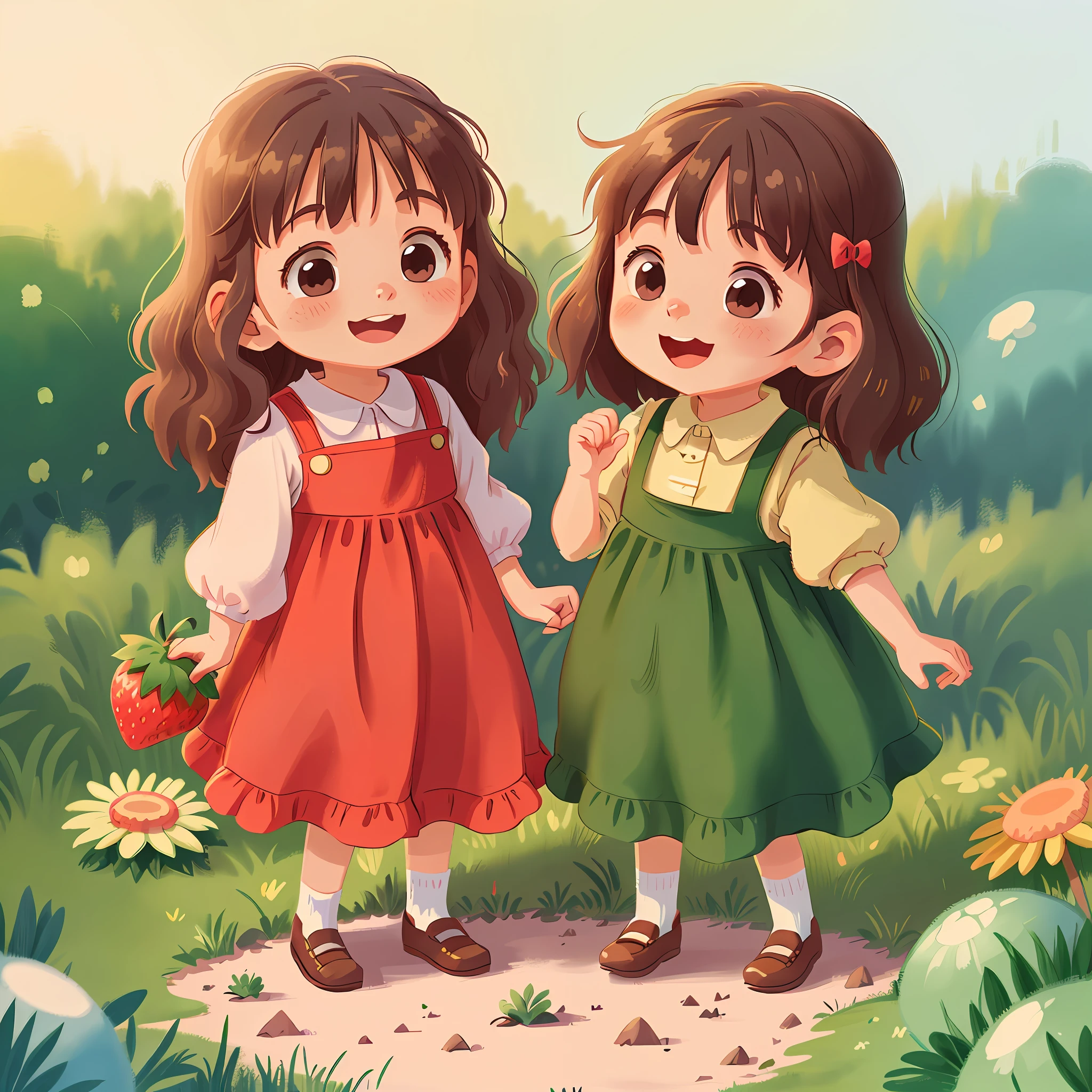 Happy child girl. Bucolic style. Women's children's clothing. Smooth color. Simple art. Ghibli studio style. Strawberry character style.