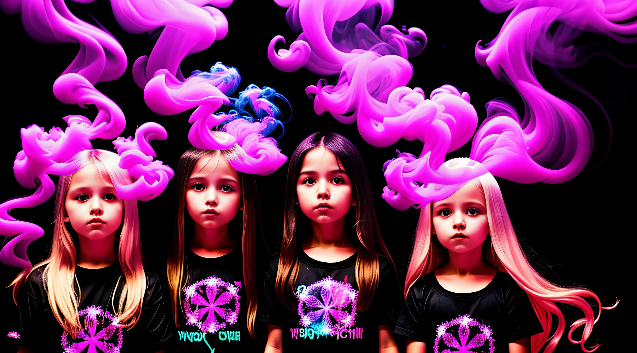 3 girls Russian children with 10 years old, WITH LONG STRAIGHT HAIR BLONDE, PORTRAIT STYLE, Pink smoke is spinning in the air on a black background, pink smoke, neon smoke, neon abstract smoke, smoke swirls, fluid color smoke, turbulent smoke, smoke tendrils, muted neon smoke, spinning smoke, purple smoke, wispy swirling smoke, psychedelic smoke background, background (dark _ smoke)