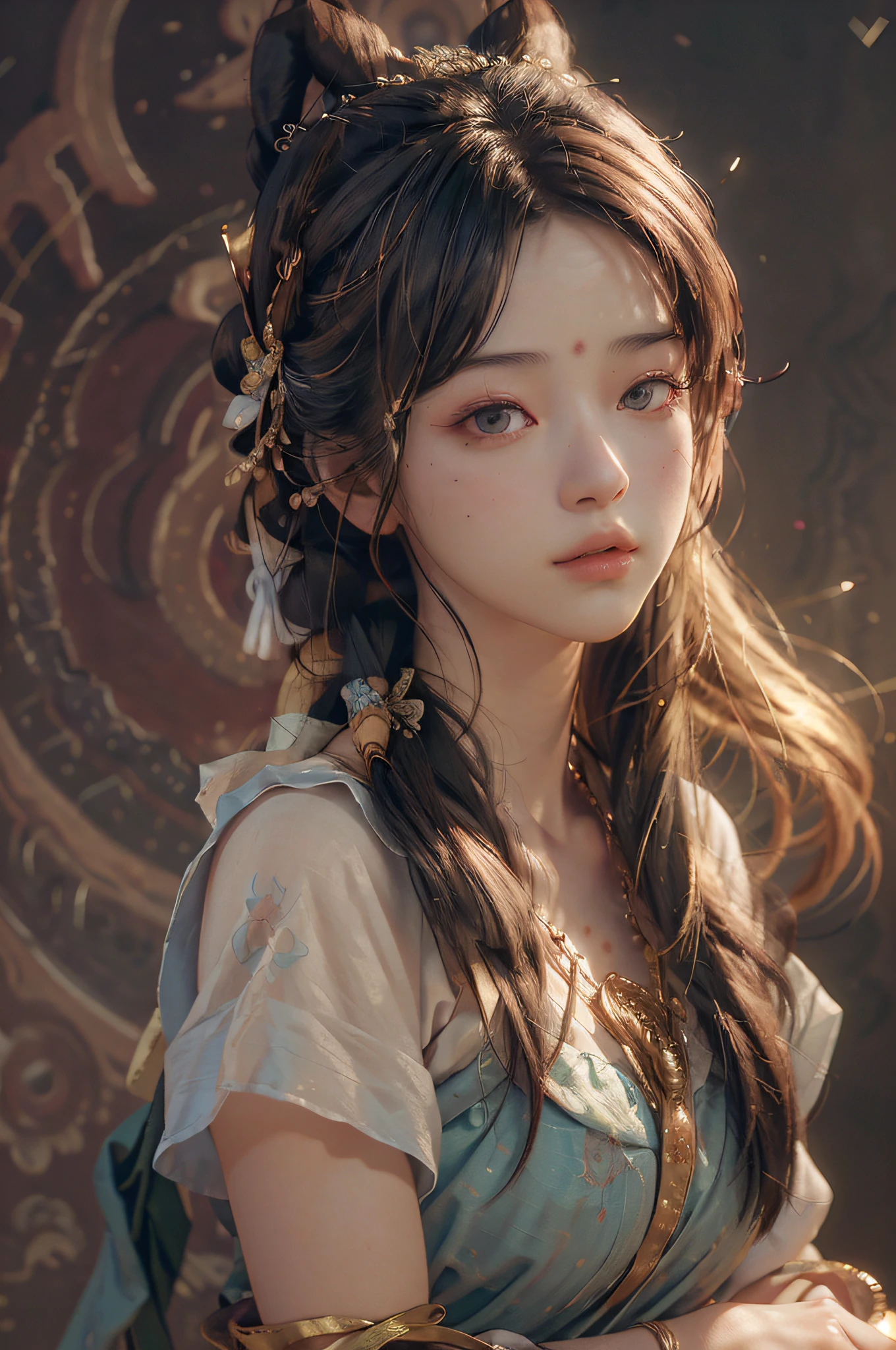 (RAW photo, best quality), (realistic, photo-realistic:1.3),best quality,highly detailed,masterpiece,ultra-detailed,illustration,1girl,upper_body,dynamic angle,world masterpiece theater,messy_long_hair,best quality,extremely detailed CG unity 8k wallpaper,ink,Amazing,cinematic lighting,lens_flare, dunhuang_style