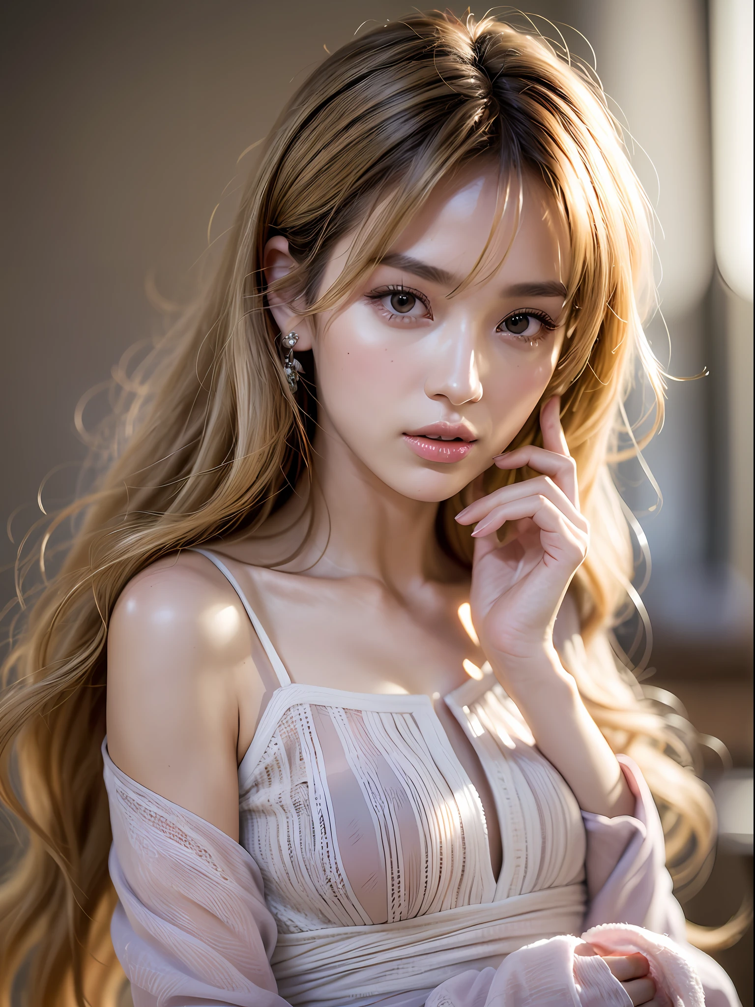 In this project, take in fashion and hairstyles that reflect the trends of the summer of summer 2023 Japan and create highly elaborate CG Unity 8K wallpapers modeled after actresses in their 30s with beautiful faces, with a realistic, lifelike and ultra-detailed finish. The model is slender, cute, and mature. Her features are light brown hair, a thin and small face, and she wears a natural fashion style with a color scheme centered on pale pink, in line with the trends of 2023. Please take a good picture of the background inside the studio, and shoot from a camera angle from the waist up. The model has a delicate skin type, a hairstyle close to the trend bob style of 2023, with a light wave. Her hand should be close to her mouth, creating an adult atmosphere. Shine light on your hair and express movements that flutter in the wind. Also, pay attention to the fine details and softness of your hair and skin. Keep your photos bright, use professional lighting, and reproduce realistic lights and shadows. The model's hair color is honey-blonde, and her skin tone is a natural beige tone. Makeup should focus on bright lips and eye-catching mascara, and have a natural and light styling. In line with the Japan trends of summer 2023, choose fashion items such as dresses in a sophisticated style with a pale pink central color scheme. For the final image, try to brighten up when shooting with soft light that brings natural light into the room.