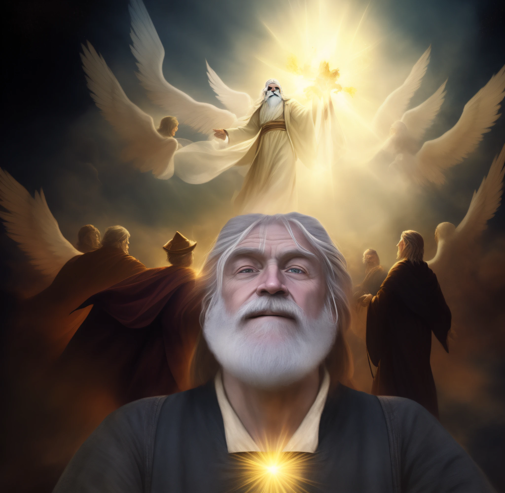 1 man, wizard, cloak, old, long white beard, long white hair, wind, magic, fire, smoke, dust
(highest quality: 1.3), cinematic photo, masterpiece, (sharp focus: 1.5), (photorealistic: 1.3), detailed background, dark lighting, twilight lighting,
style, volumetric lighting, intricate details, UHD, film grains, bright halo above your head, god looking at me, precise biblical angel, exploding with holy light, smiling in the sky, dramatic lights spiritual scene, angel protecting man