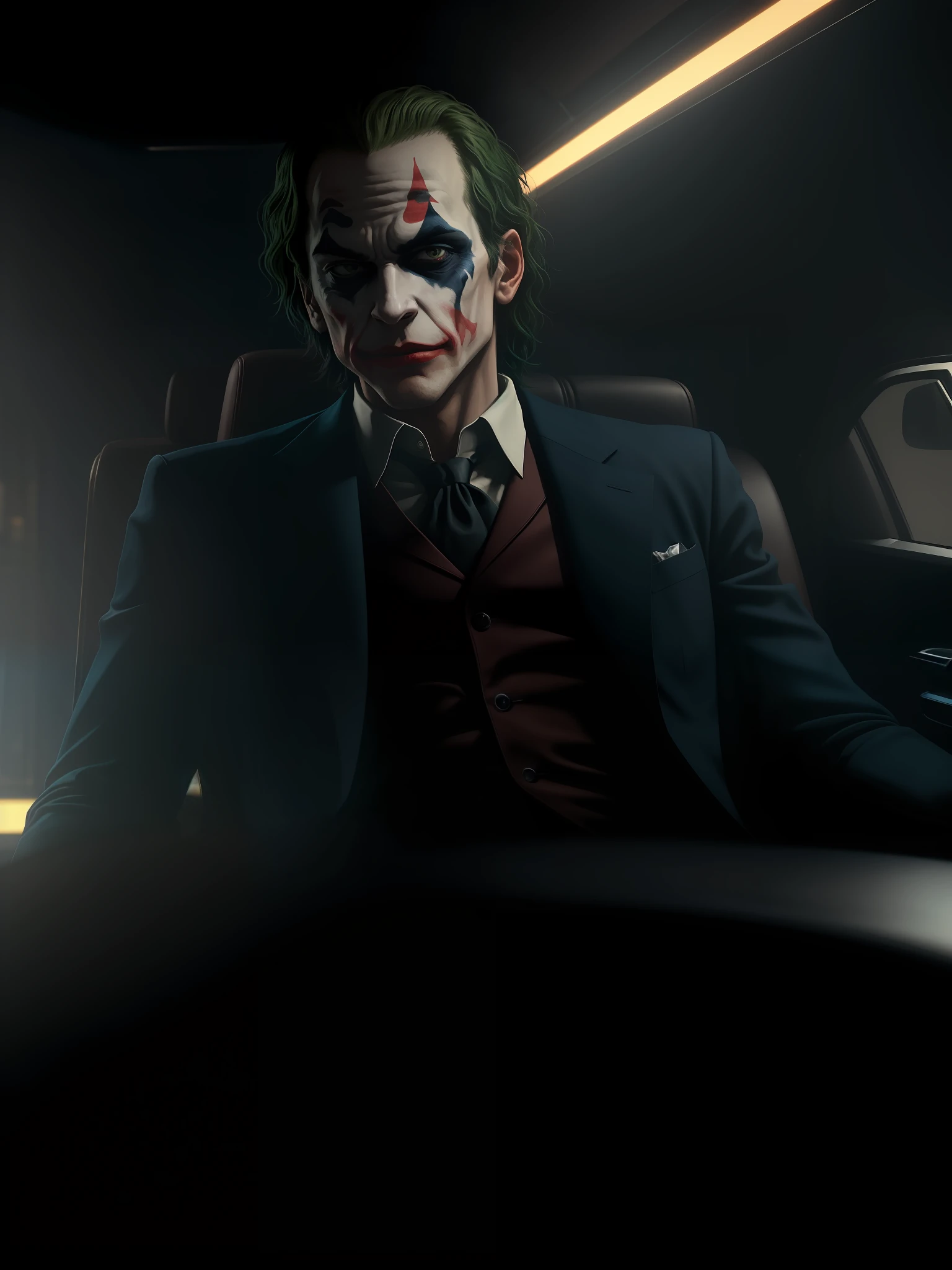 Scene from the movie, Joker sits on an expensive sports car