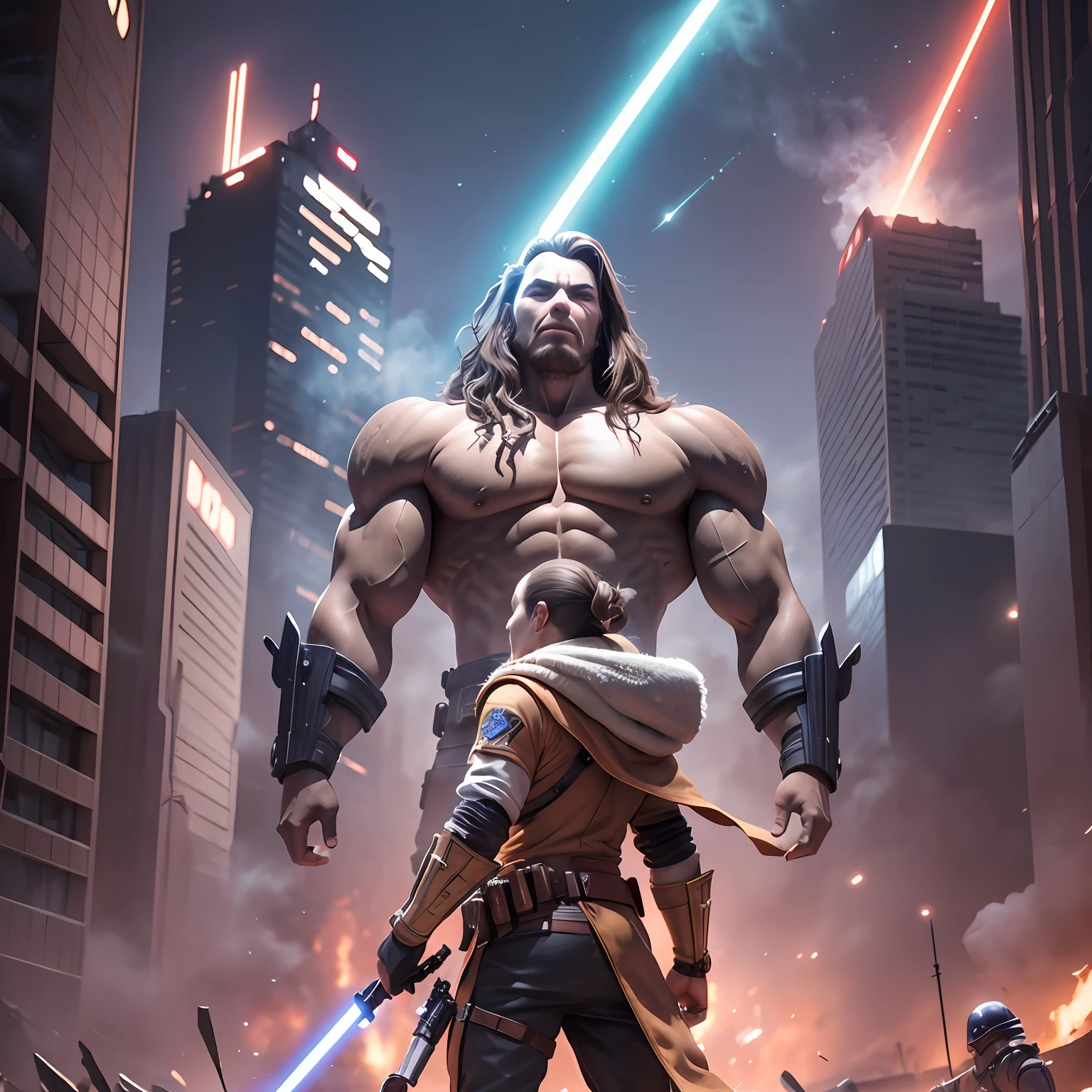 impressive cover of a movie poster that combines elements of Star Wars with the apocalyptic scenario of the city of Belo Horizonte. The background image depicts the crumbling skyscrapers of the city, with smoke and debris all around. In the center of the image, a young Jedi with a blue lightsaber stands heroically amidst the chaos, exuding confidence and determination. Beside him, a muscular and intimidating Wookiee warrior wields a powerful weapon. To the left, an ingenious human mechanic gazes at the horizon with hopeful eyes and an air of determination. On the right, a charismatic human smuggler with a sly expression holds a blaster in an attack position. The sky is lit by flashes of laser beams and Sith spaceships loom menacingly over the city. The title "Star Wars: Apocalypse in Belo Horizonte" appears in stylized letters at the top of the image, with a color tone that matches the dark and epic atmosphere of the film. Let your creativity flow and create a stunning cover image that captures the essence of this exciting story --auto --s2