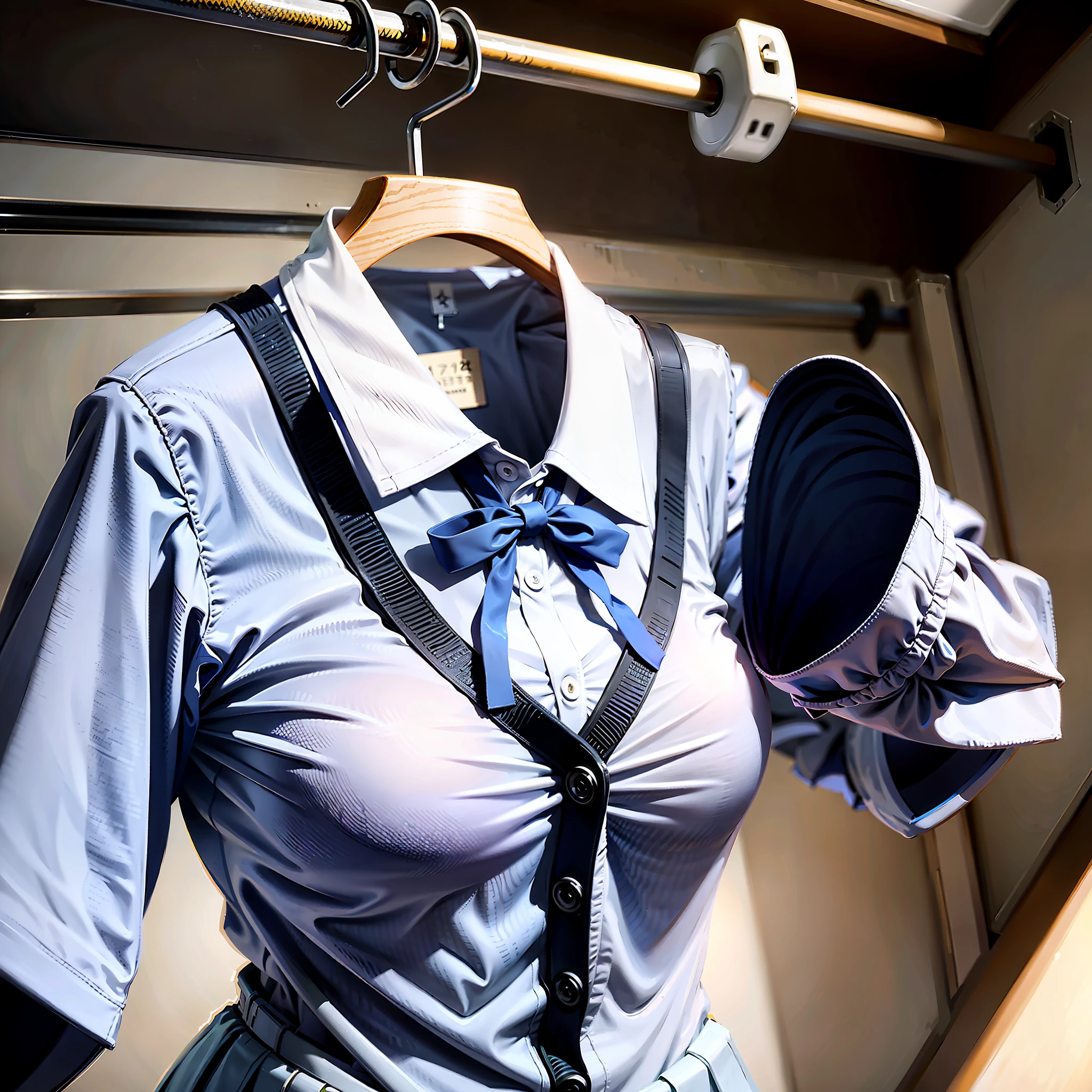 hanger school uniforms in closet raise their sleeves as if invisible girl wear it, school uniforms swells as if possessed by invisible girls, school uniforms have huge breasts, (((no humans))), (headless), faceless, invisible girls, from above, (hanger), plump, upper body
