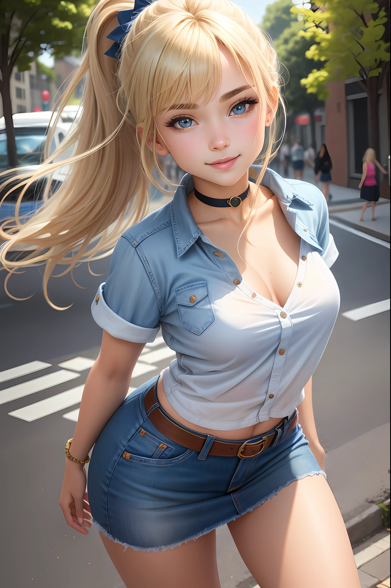 ultra-detailed, extremely detailed, masterpiece, highest quality, best quality, absurdres, highres, subsurface scattering, (1girl:1.5), (solo:1.4), smile, blonde hair light blonde hair, asymmetrical hair, asymmetrical bangs, ponytail, medium bangs, hair between eyes, brown eyes, eyes reflections, detailed eyes, perfect eyes, rendered eyes, (looking at viewer:1.1), dynamic pose, dynamic angle, full body, detailed skin, skin pores, shiny skin, glossy skin, (skindentation:1.2), breasts, hair flow, idol, skimpy casual clothes, intricate clothes, denim skirt, (panties:0.7), summer, daytime, sun, outdoors, college, campus, city, sidewalk, (water:0.8), (detailed background:1.2), (intricate background:1.2), depth of field, small choker