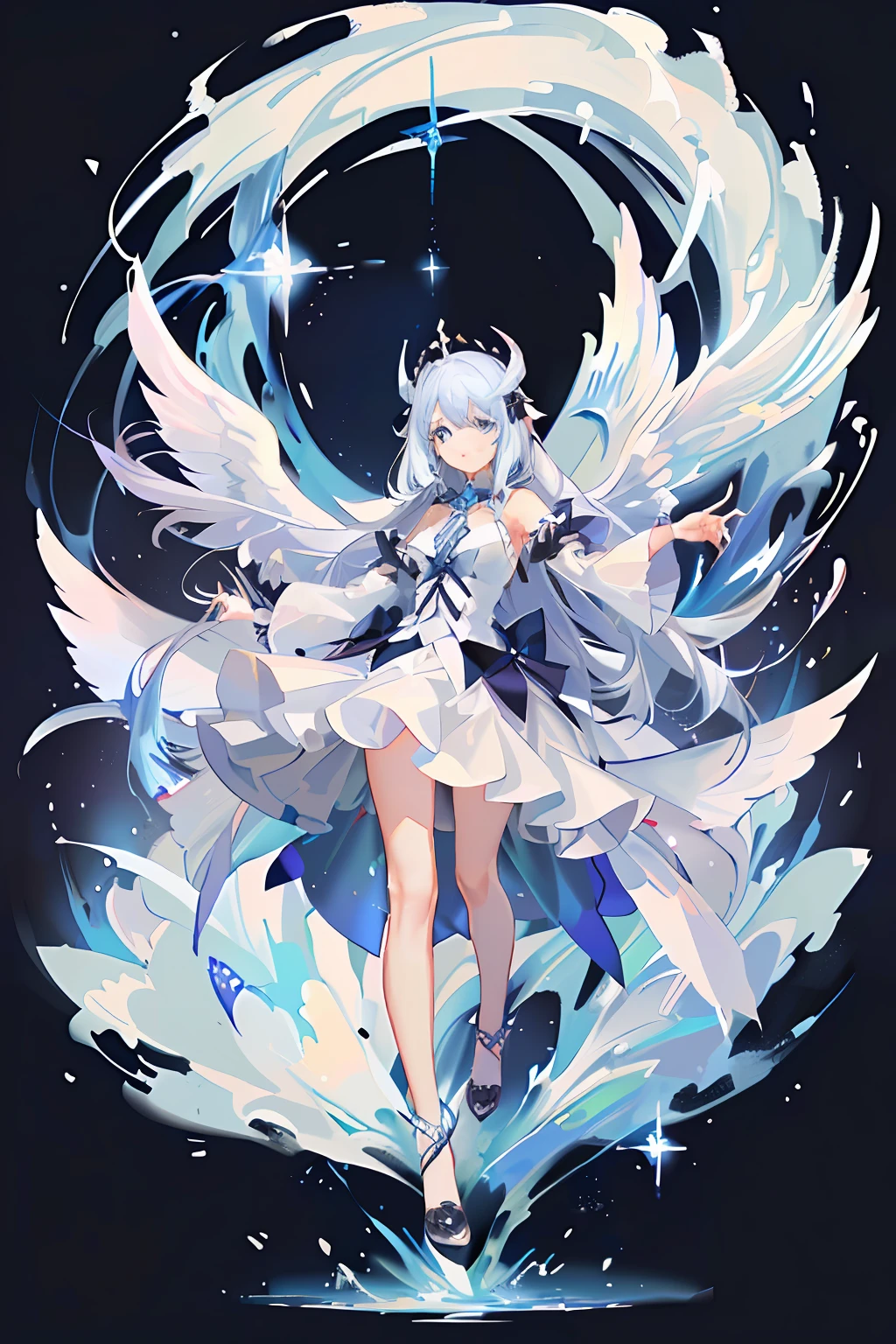 masterpiece, best quality, 1girl, long white hair, blue eyes, angel, angel wings, seraphim, long dress, full body, simple background,
