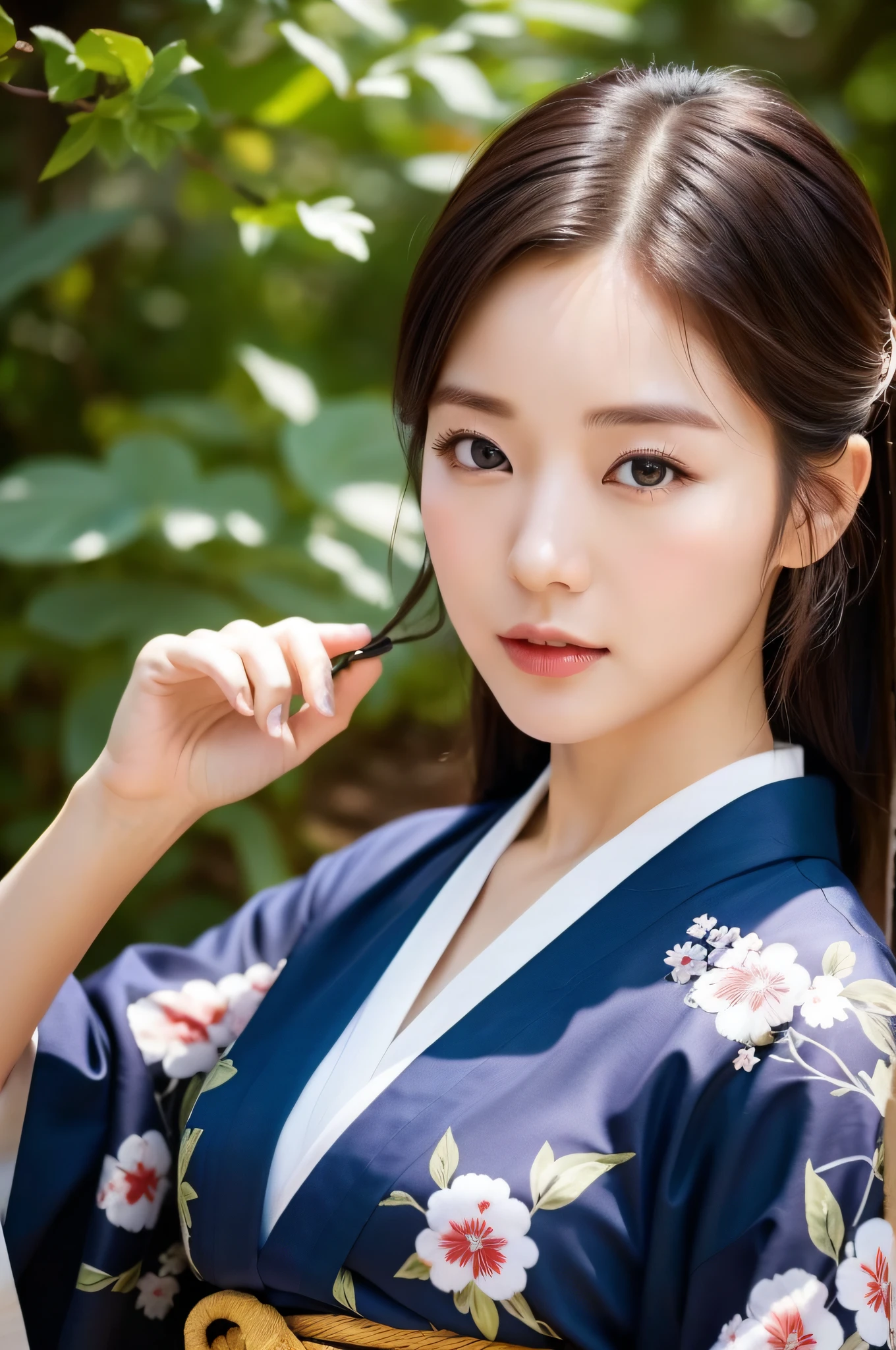 ((Top Quality, 8K, Masterpiece: 1.3)), Sharp Focus: 1.2, (Super Beautiful Face: 1.0), (Slender Abs Beauty: 1.0), (Shiny Skin: 1.0), Realistic Photography, Black Hair, Realistic Pupils, Video Lighting, High Definition Eyes and Face, Video Lighting,  (Cowboy Shot: 1.3), kimono, hakama, obi, (Korean Cute Actress), in nature, traditional kimono
