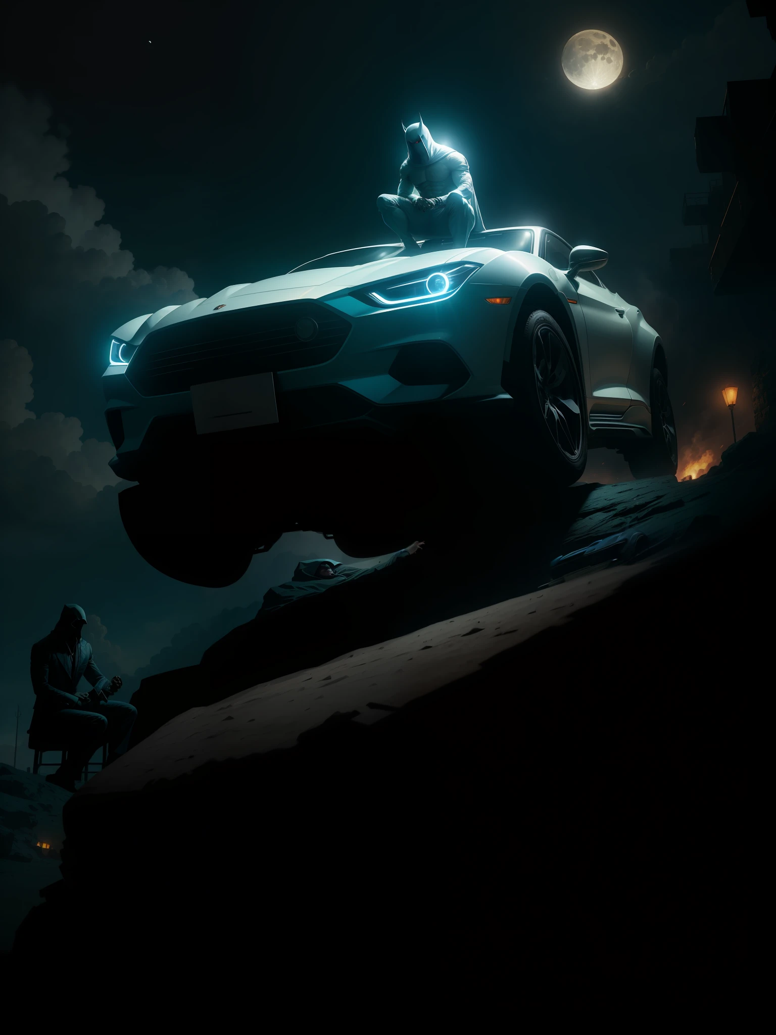 Scene from the movie, Moon Knight sits on an expensive sports car