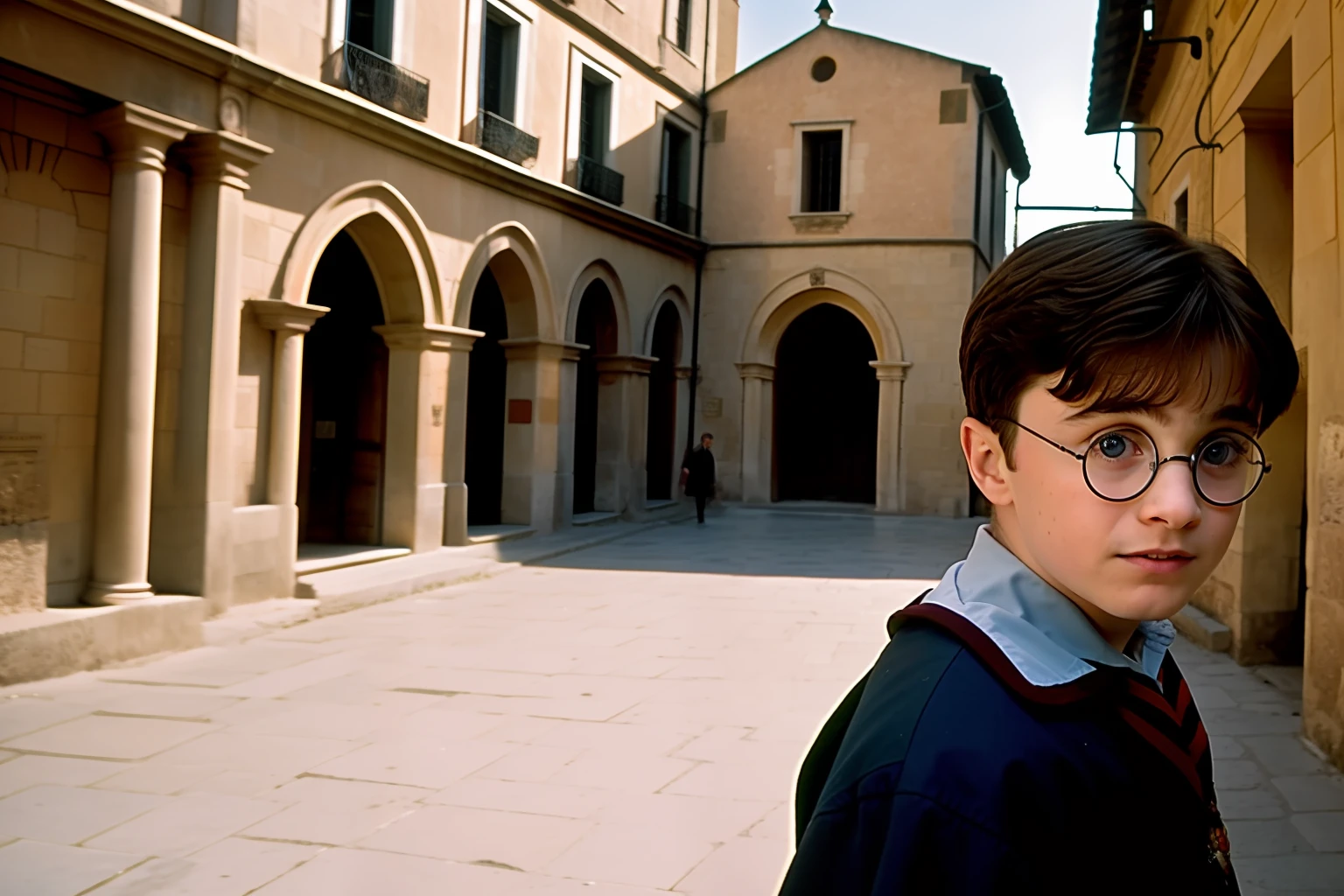 film still, scene solo Harry Potter played by an Italian In front of Sicilian buildings, wide angle, style by 1950 italian mafia movie