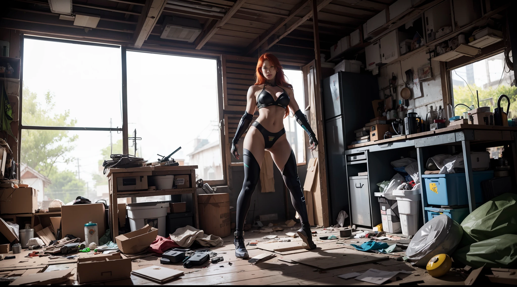 Environmental wide angle shot of cyborg in messy and cluttered shack, action shot, cyberpunk costumes, cracked porcelain skin, full body, redhead woman with robust body, vibrant, photorealistic, realistic, dramatic, dark, sharp focus, 8k