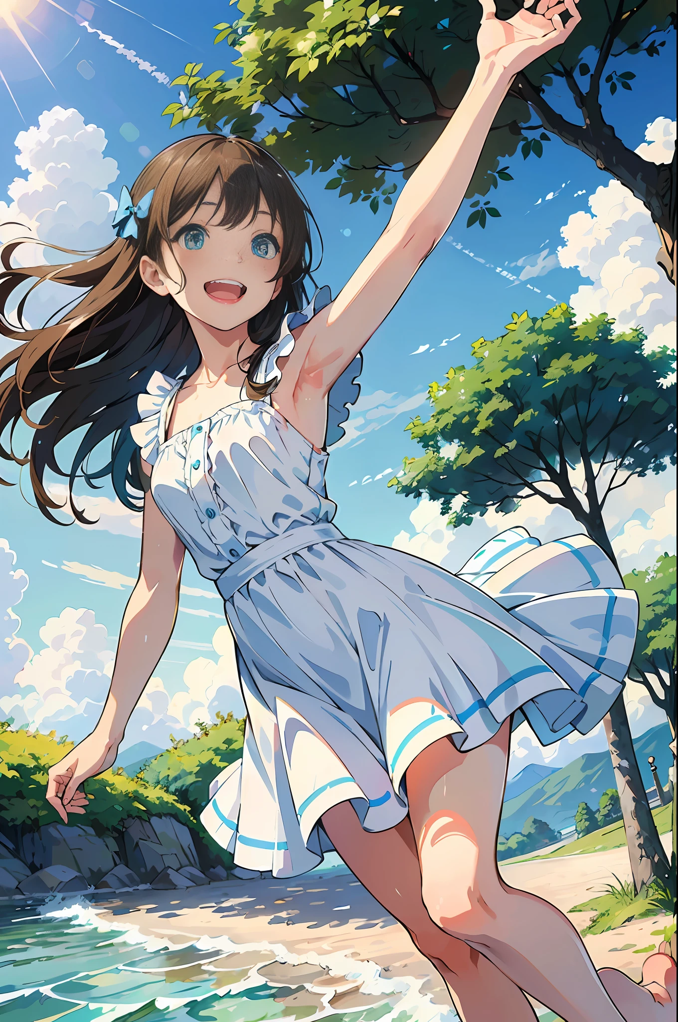 (Masterpiece), (Illustration), (Best Quality:1.3), (Absurd photo of a slim cheerful girl frolicking at the water's edge, Kicking up the water:1.3), Crystal clear, (long light brown hair: 1.3), Wet hair, (See-through white dress that is wet: 1.3), Striped bows, knee-length pleated skirts, ruffled blouses, long petticoats, accessories, bare feet, ( Highly detailed smart and gentle face, detailed blue eyes, relaxed laughter: 1.3), playing happily, happy, (dynamic pose, dynamic angle), high resolution, F1.4, clouds, sun, contrails, sunlight through trees, summer vacation, rays,