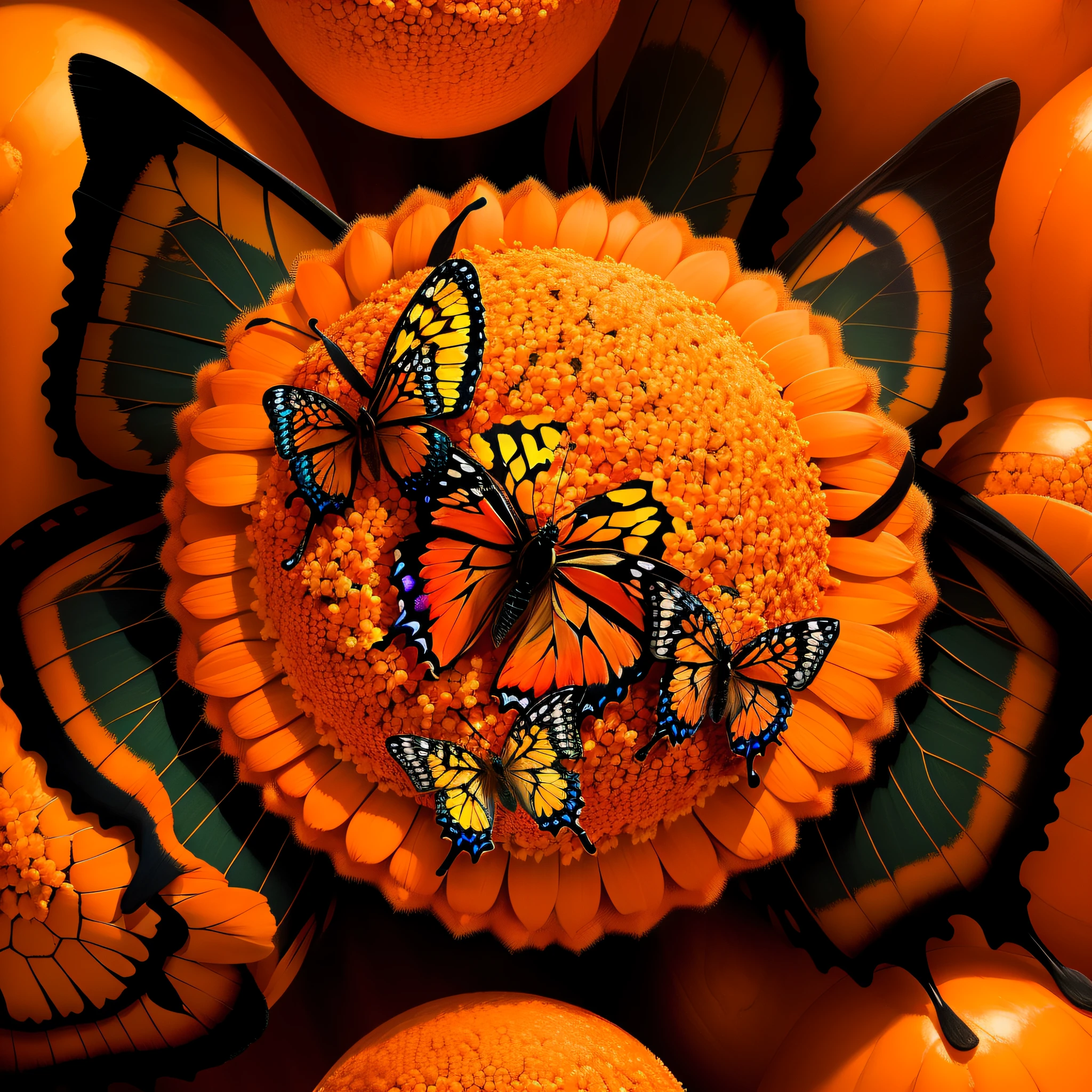 butterfly in the center and hundreds of orange balls around