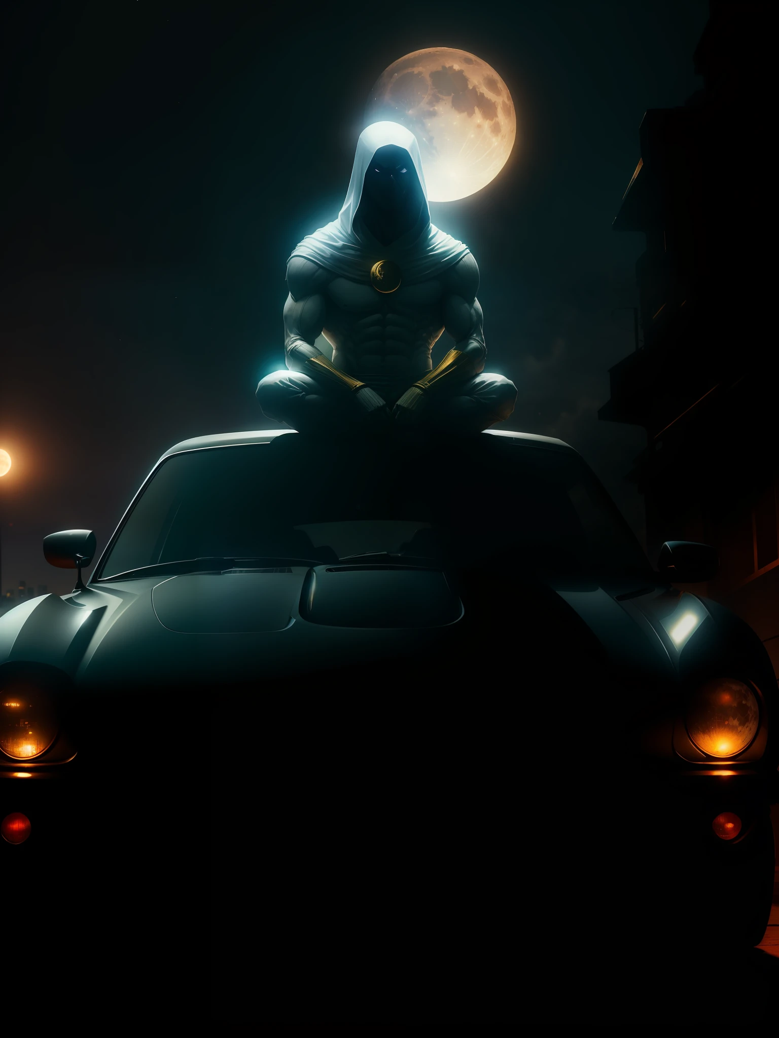 Scene from the movie, Moon Knight sits on an expensive sports car