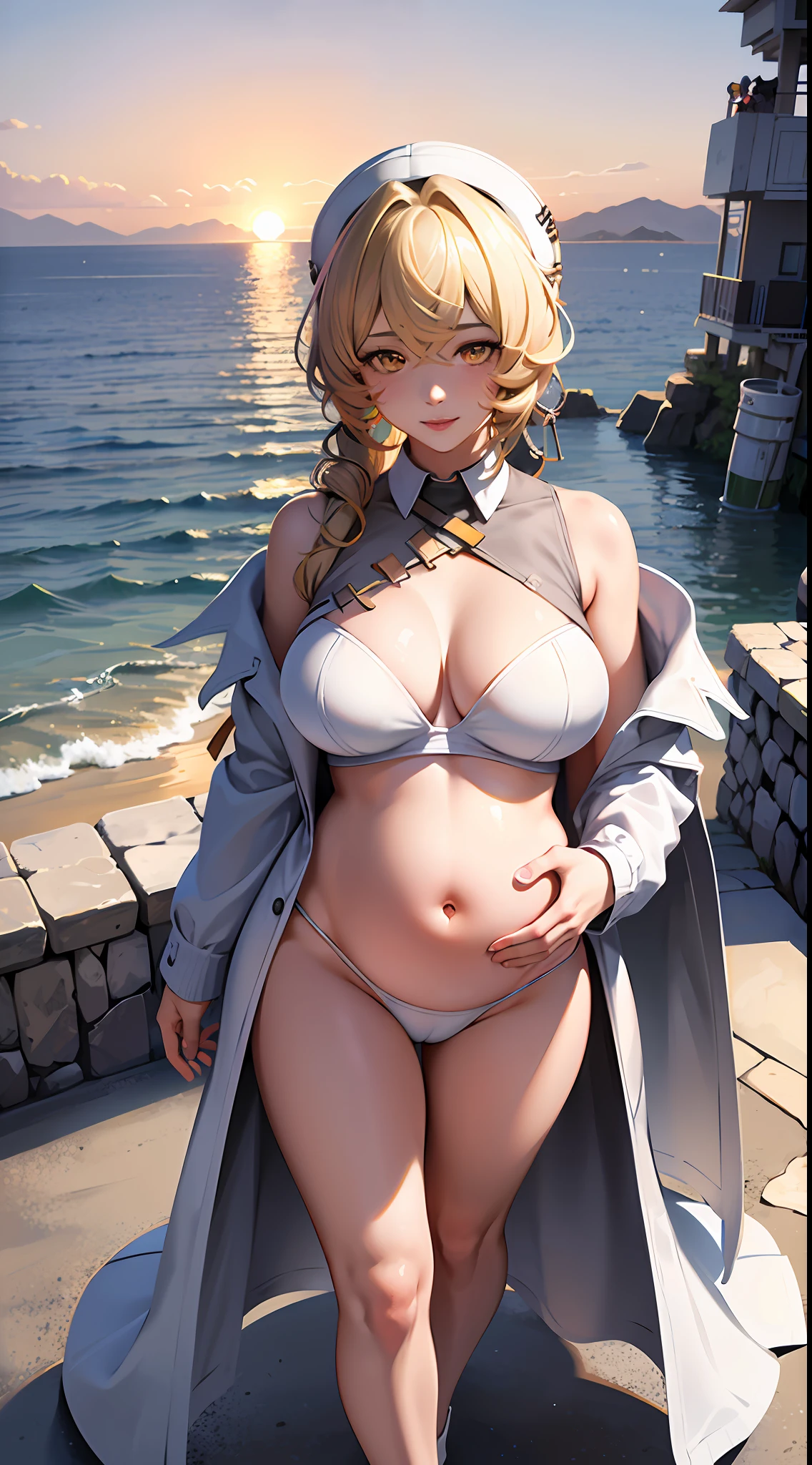 2 girls, gay (realistic, Realism: 1.37), (Masterpiece), (Best Quality: 1.4), (Ultra High Resolution: 1.2), (RAW Photo: 1.2), (Sharp Focus: 1.3), (Facial Focus: 1.2), Elegance, (Full Body: 1.2), (1 pregnant woman wearing transparent white briefs with open belly and transparent white bra: 1.3), (Office Lady), Bikini, Sunglasses, Barefoot (24 years old: 1.1), (Happy smile: 1.3), (Shiny hair: 1.3), [ Casual hairstyle], standing, full body, big breasts, big tits, buttocks, big ass, buttocks close-up, white liquid drenched all over the body
(kiss hug), close to the belly, landscape, (beautiful sunset background: 1.2), from behind, back, bangs, beautiful details eyes, looking at the belly, (cute), (no makeup), sunglasses
+ Lola