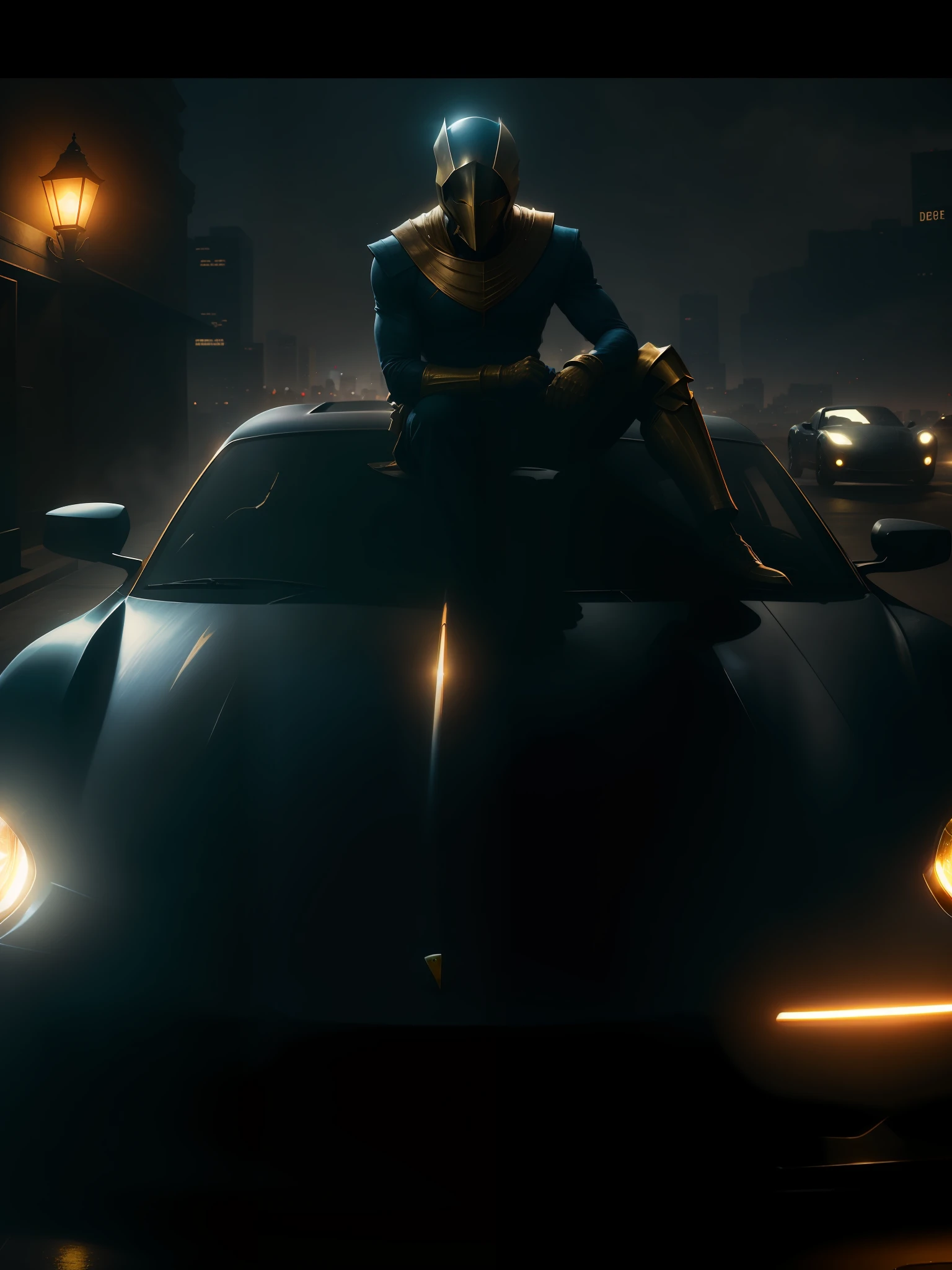 A scene from the movie, Doctor Fate sits on an expensive sports car
