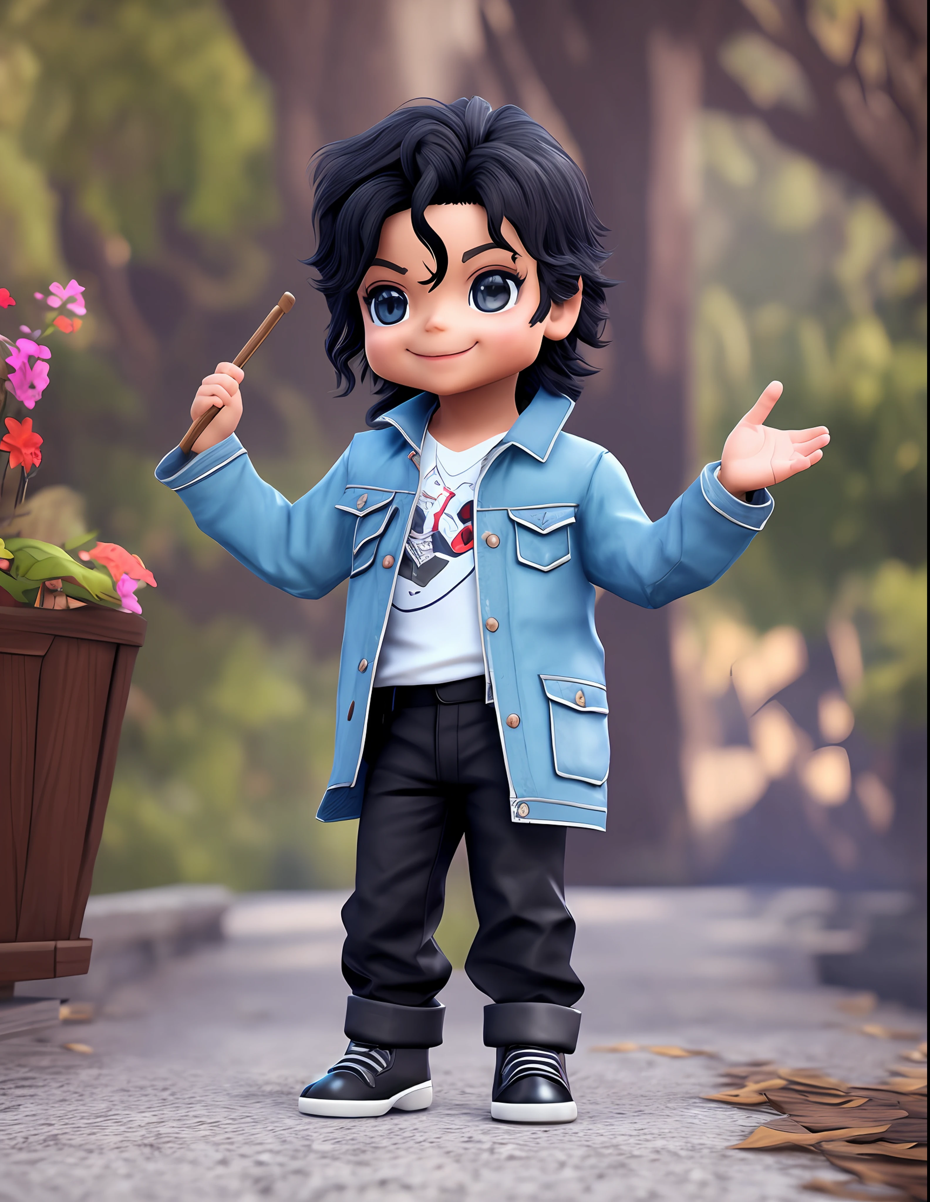 /Imagine baby Michael jackson holding a sign, Disney-style, chibi. whole body. cute. smiling. unreal. engine. detailed, ultra high definition. 8k. --q 1
