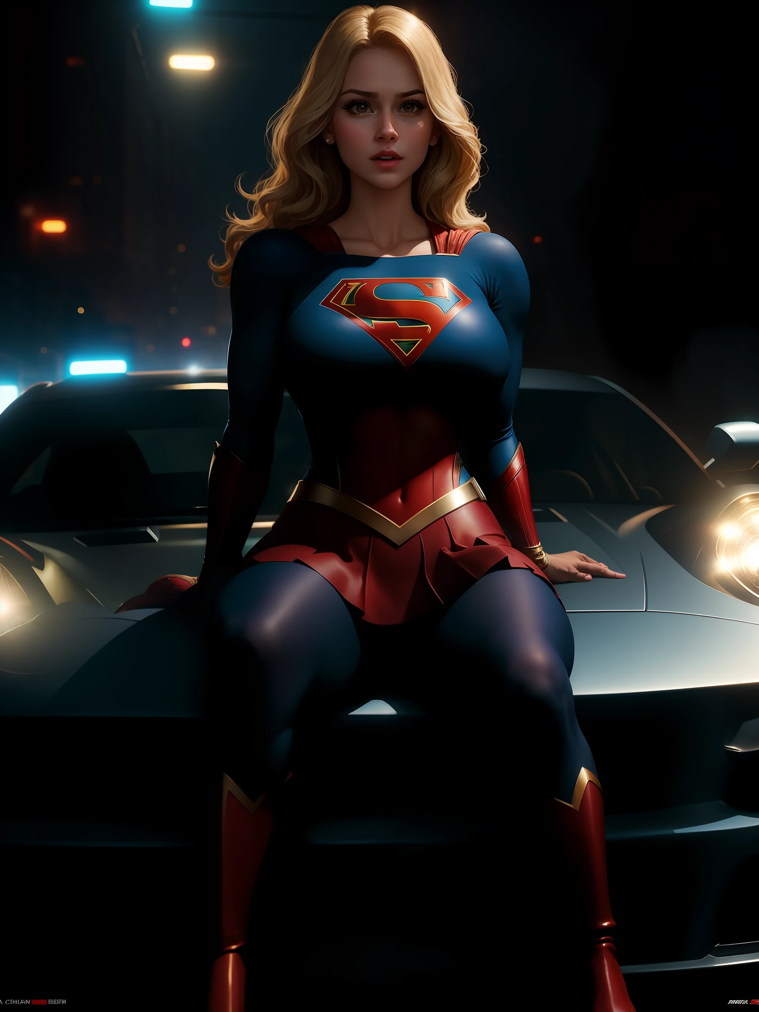 Scene from the movie, Supergirl (sexy, big boobs) sitting on an expensive sports car
