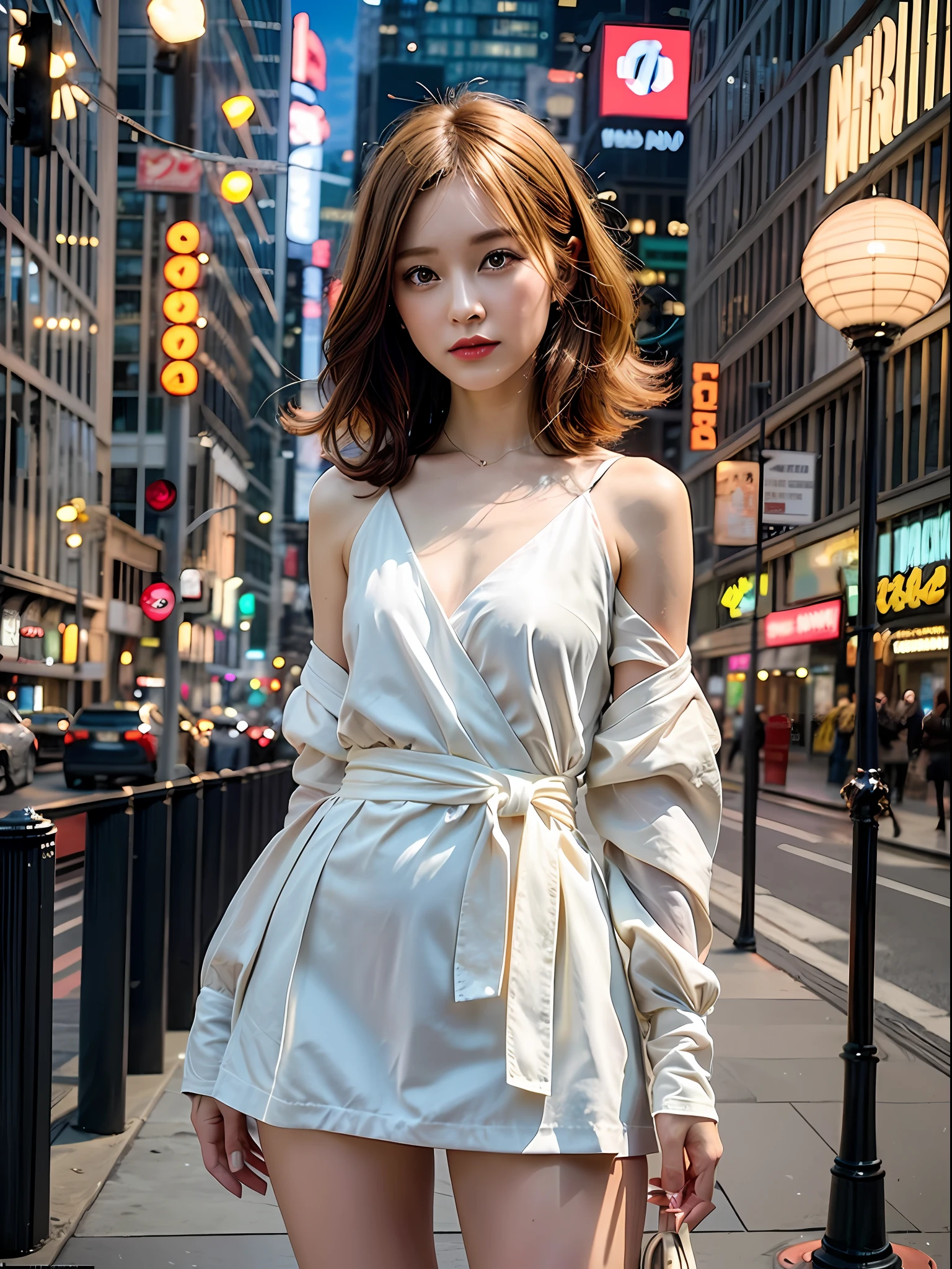 For this project, imagine shooting in a studio inspired by the New York cityscape and create a highly elaborate CG Unity 8K wallpaper modeled after a beautiful-looking 30-something actress with a realistic, lifelike and ultra-detailed finish with a hairstyle and fashion style that matches the trends of 2023. The model is slender, cute, and mature. Her features are a straight bob style that matches the trends of 2023, with light brown hair and a thin, small face. Filming should take place in a studio inspired by the cityscape of New York, with urban elements in the background. Camera angles should be from the waist up. The skin quality of the model is delicate, and you should pay attention to the fine details and softness of the hair. Use professional lighting and reproduce realistic lights and shadows to take bright photos. The model's hair color is honey-blonde, and her skin tone is a natural beige tone. Makeup should focus on bright lips and eye-catching mascara, and have a natural and light styling. Match the trends of 2023 and choose a sleek-style dress or urban fashion item. The final image should be shot in a studio reminiscent of the New York cityscape, and try to convey soft light and urban atmosphere.
