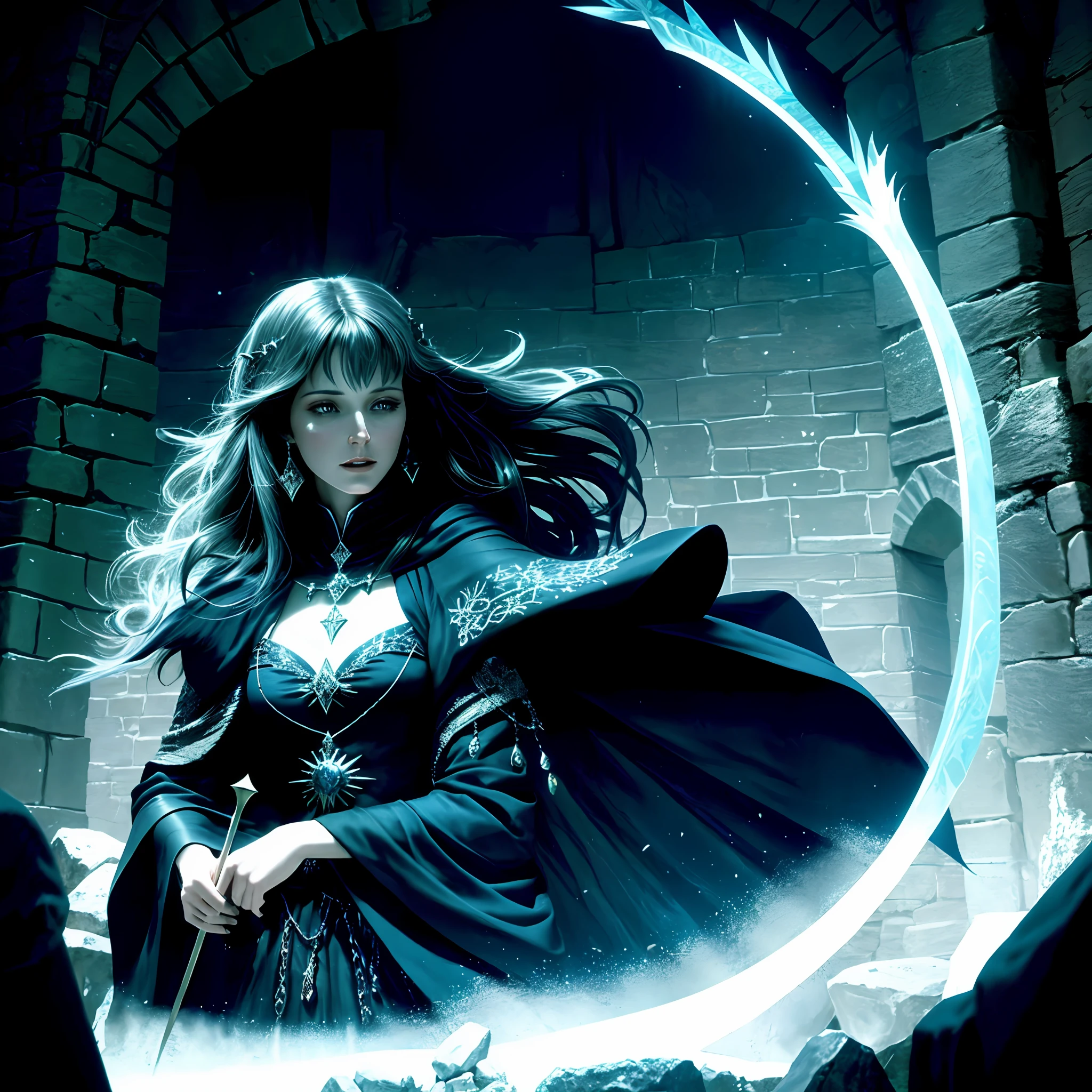 Close-up A sorceress in the dungeon of a castle doing spells, cinematic, dramatic