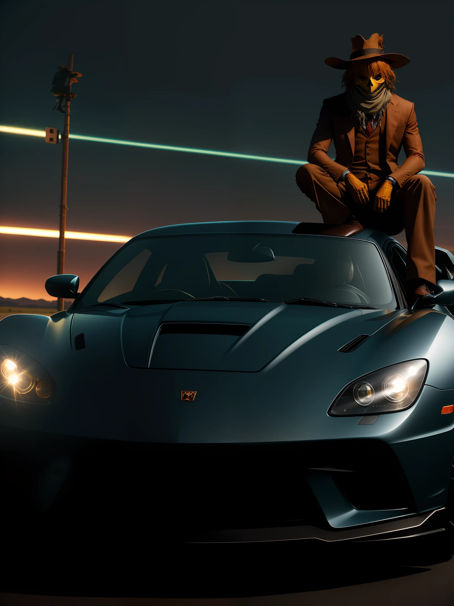 Scene from the movie, Scarecrow sitting on an expensive sports car