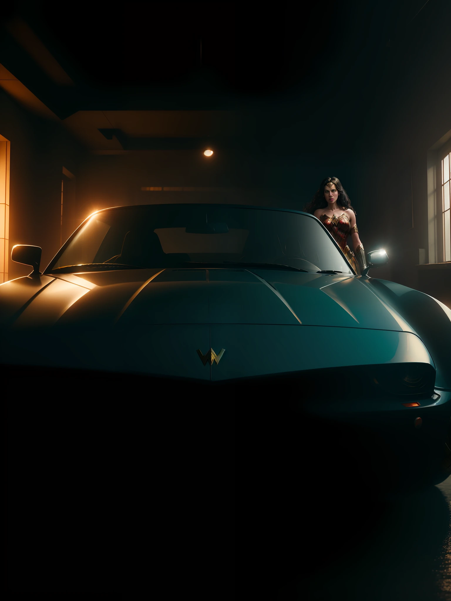 A scene from the movie, Wonder Woman sits on an expensive sports car