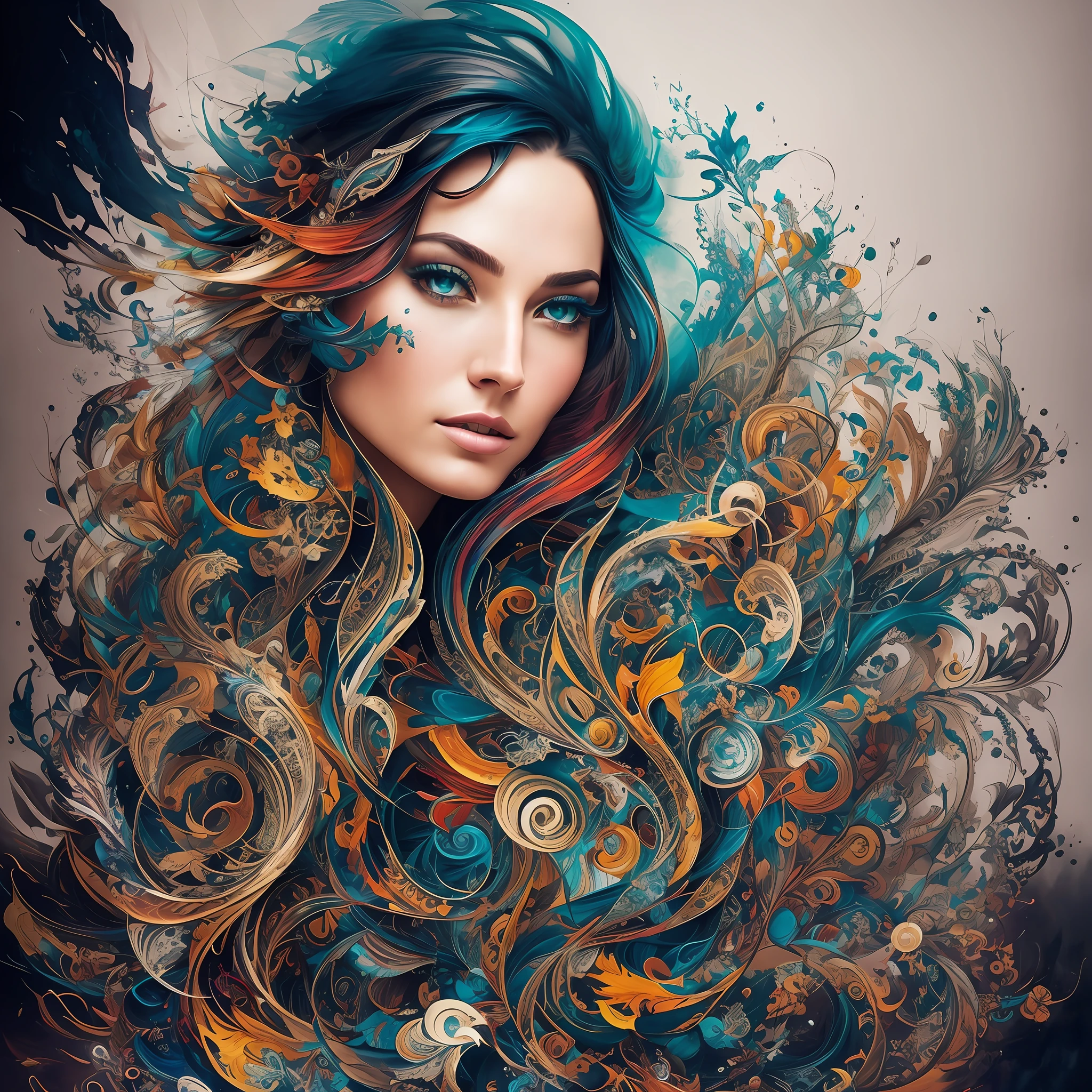 Colorful beautiful woman: Black ink flow: 8k resolution photorealistic masterpiece: by Aaron Horkey and Jeremy Mann: intricately detailed fluid gouache painting: by Jean Baptiste Mongue: calligraphy: acrylic: watercolor art, professional photography, natural lighting, volumetric lighting maximalist photoillustration: by marton bobzert: 8k resolution concept art intricately detailed, complex, elegant, expansive, fantastical --auto --s2