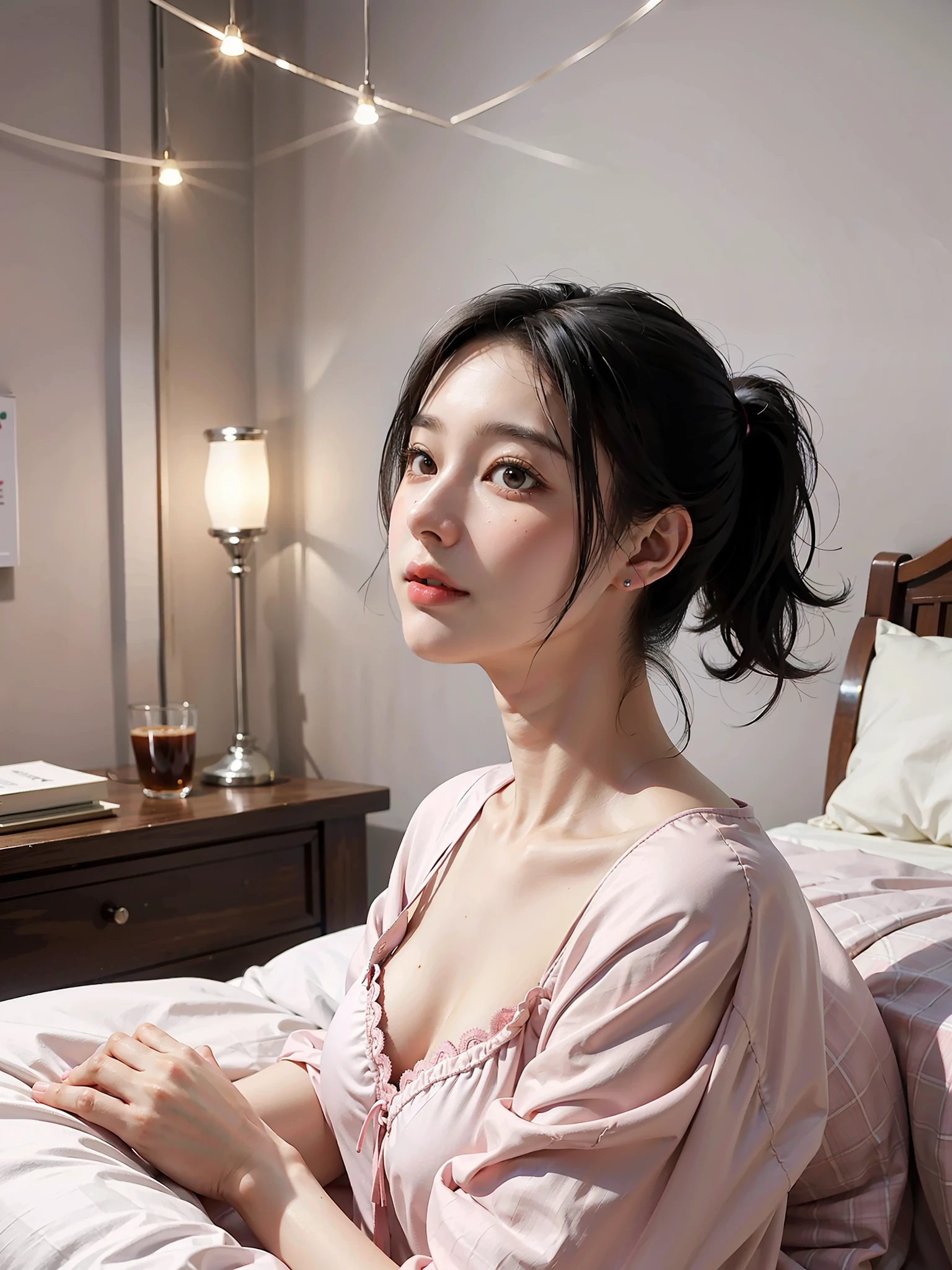 1 girl, (black hair ponytail) (beautiful hair), pretty pajamas, (light pink), light smile, shiny skin
of the highest quality, masterpiece, (photorealistic: 1.4), in the room,