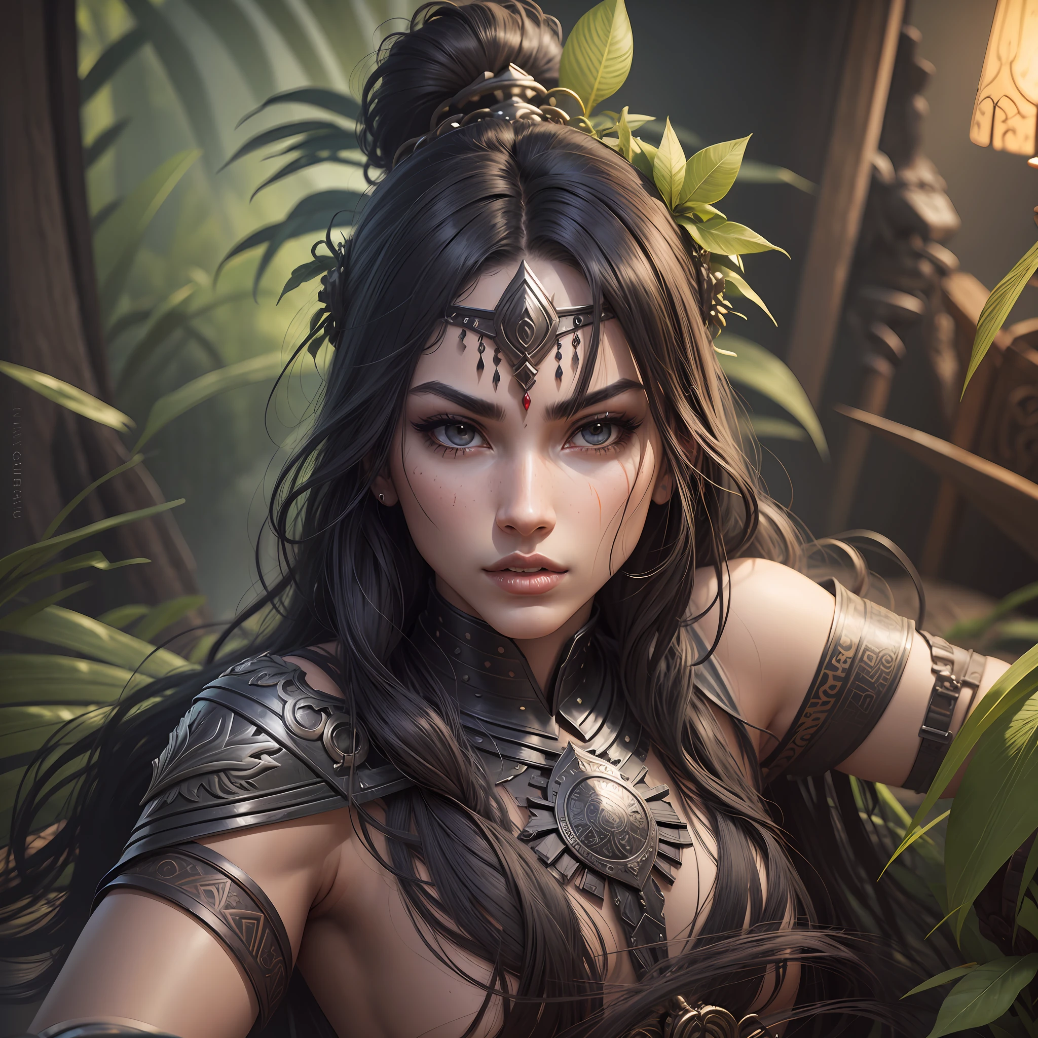 Warrior, half plant, half woman, female, beautiful, sensual, high definition, drawing, 3D, super detailed, black. --auto --s2