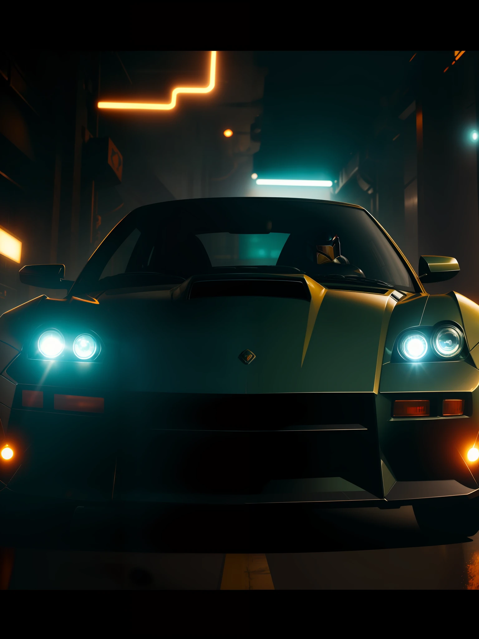 Scene from the movie, Mandalorian driving an expensive sports car