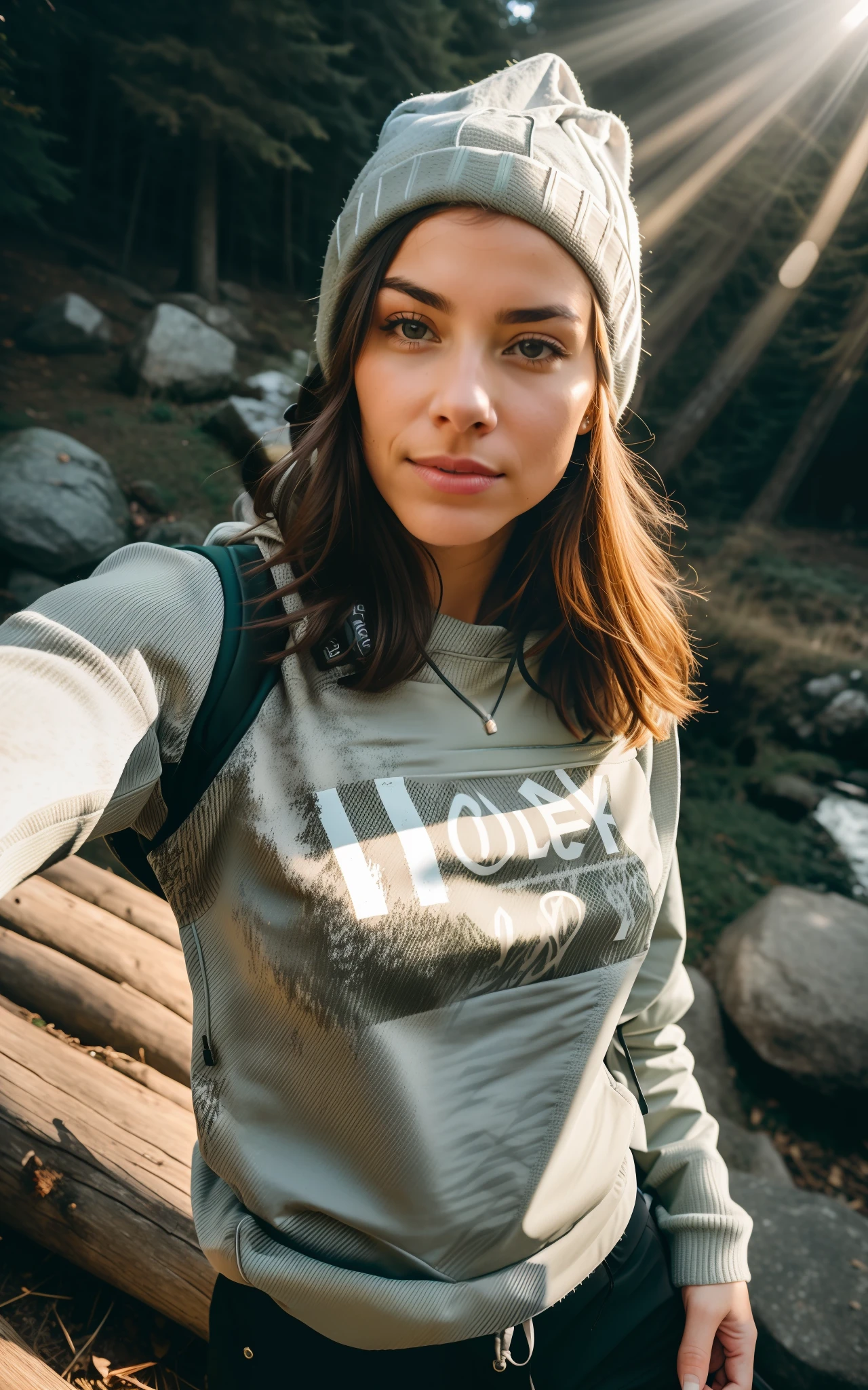 arafed woman taking a selfie in the woods with a backpack, hiking clothes, hoody woman explorer, detailed portrait, detailed portrait shot, mid shot portrait, victoria siemer, outdoors, scenic full shot, in nature, front portrait, medium shot portrait, selfie shot straight on angle, pov shot, medium close-up shot, centered portrait, girl wearing hoodie