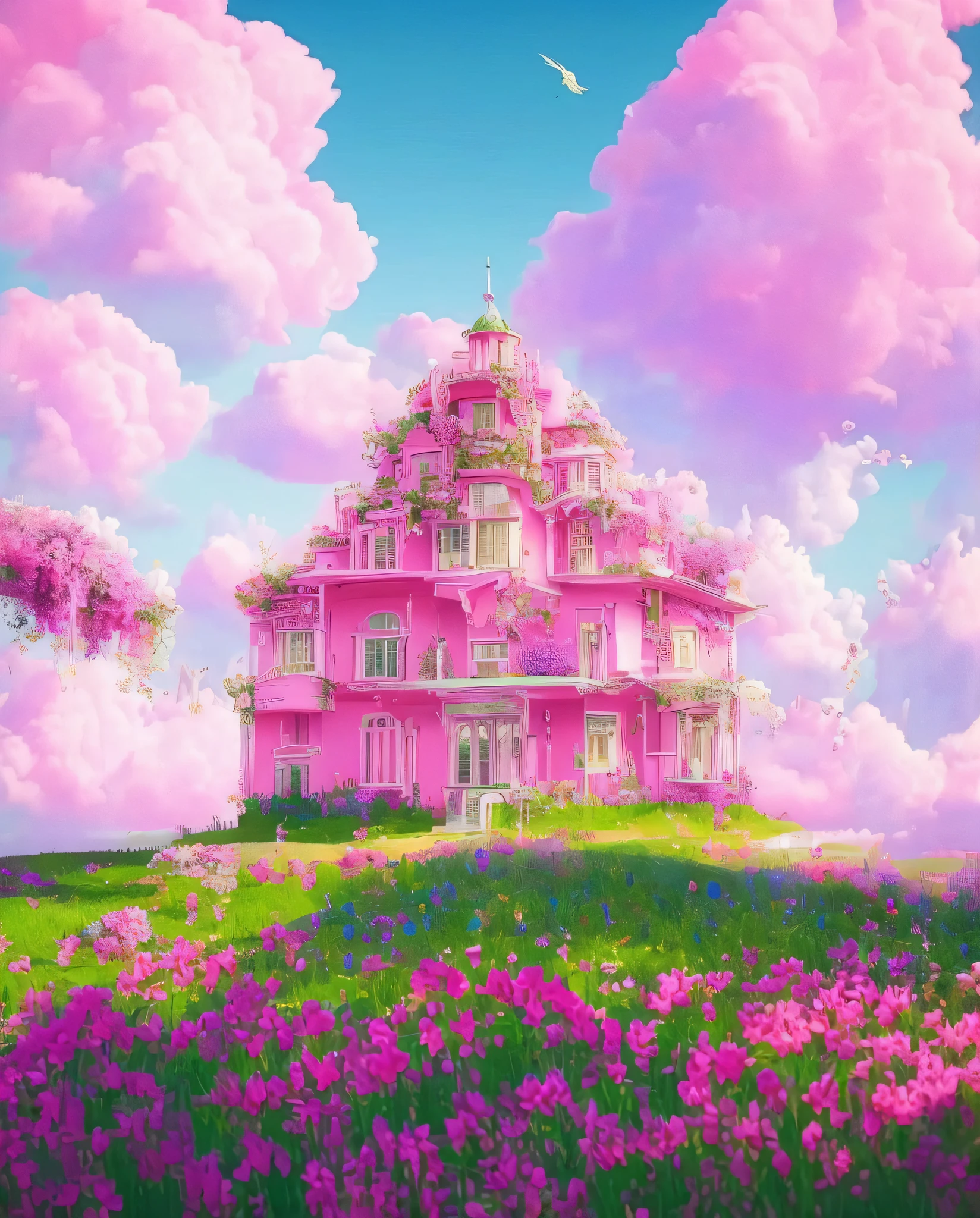 pink house in a field of flowers with a sky background, beatiful house, realism | beeple, very magical and dreamy, beeple. hyperrealism, magical buildings, fantasy house, fairy tale place, dreamy and detailed, beeple |, pink hues, beeple and mike winkelmann, beeple masterpiece, vaporwave mansion