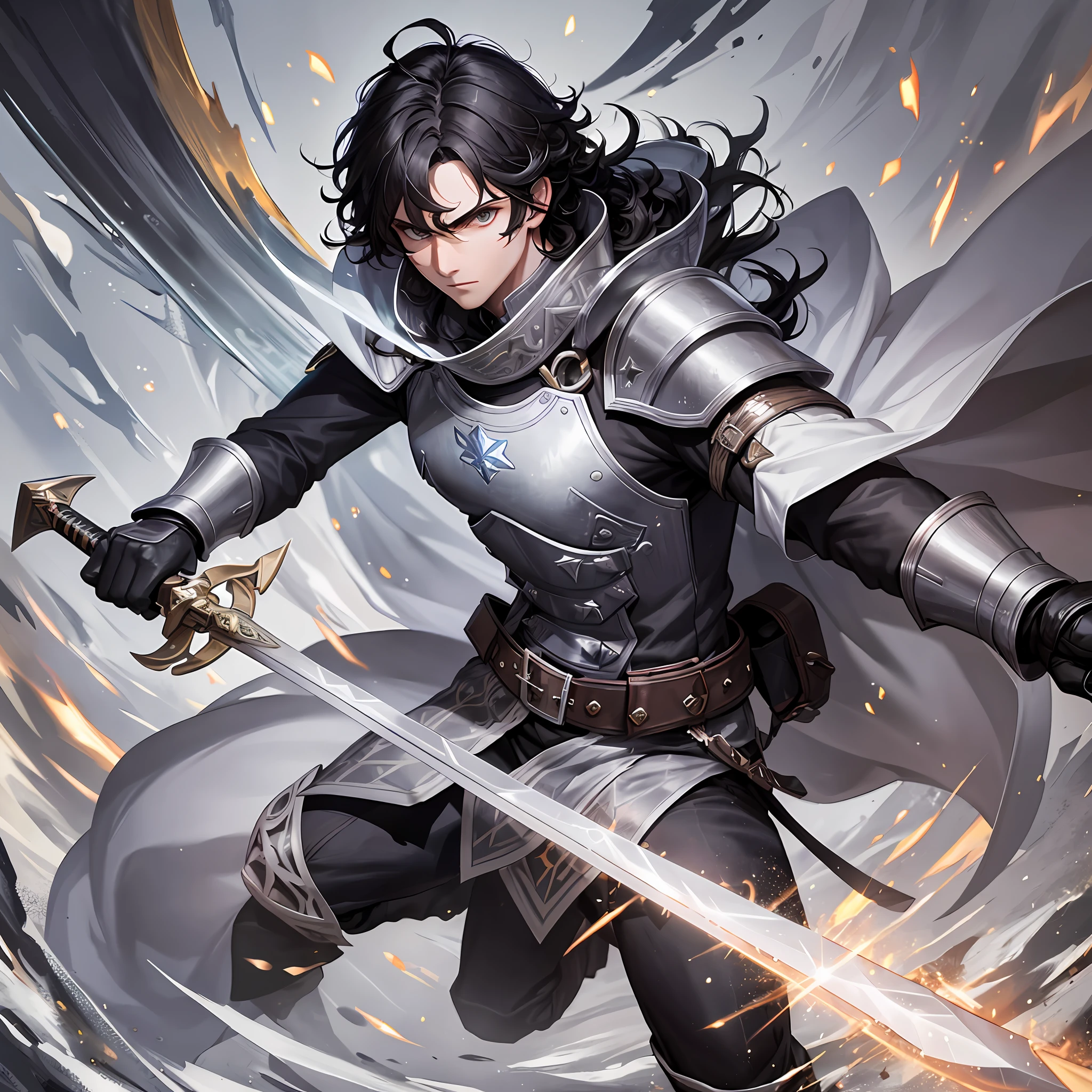 HAS A GENTLEMAN Templar, with curly black hair, brunette, warrior, with sharp sword in right hand, shield in left hand, war scene, centered full body.