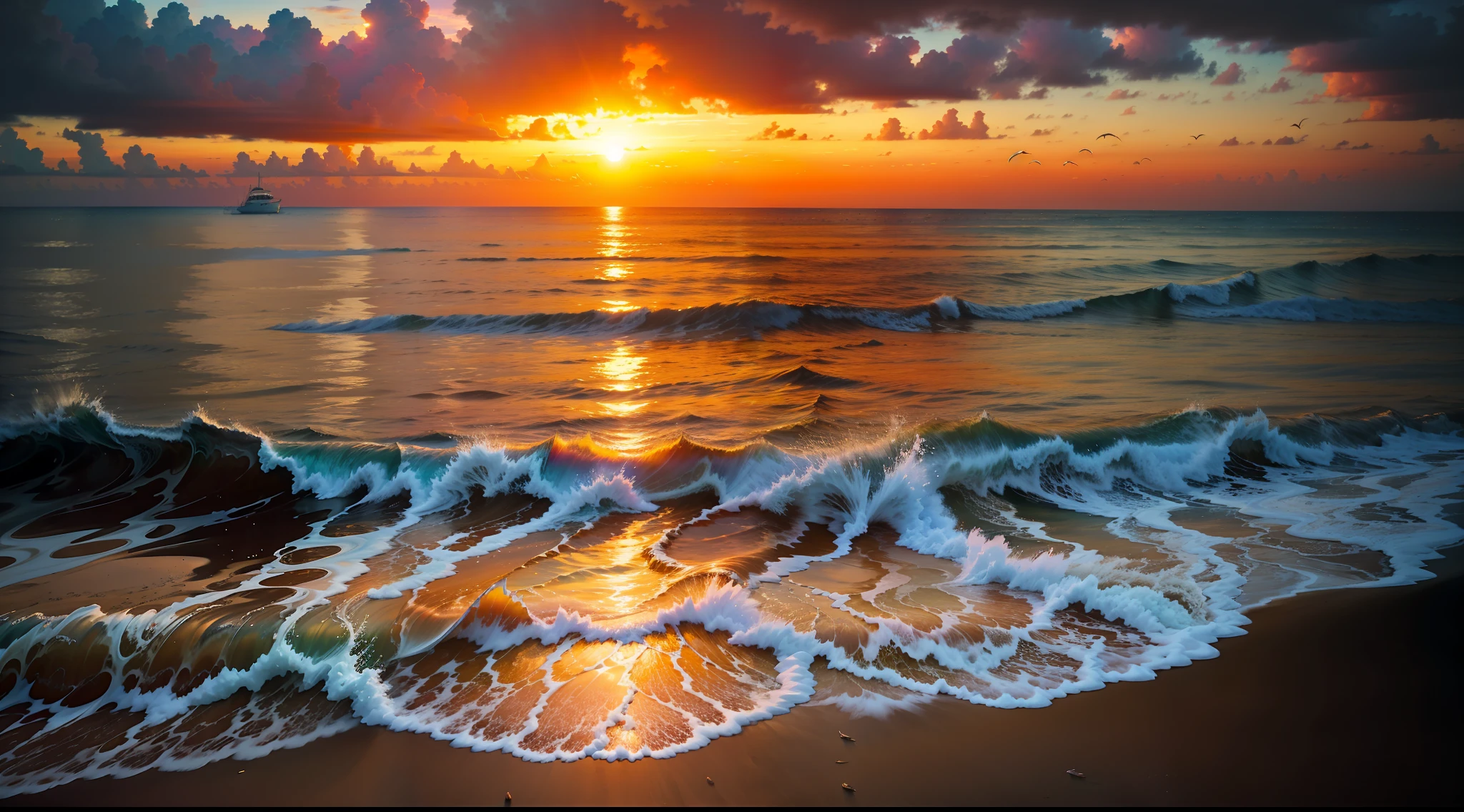 An absolutely mesmerizing sunset over the beach, with a blend of oranges, pinks, and yellows filling the sky. Crystal-clear waters of the sea gently kissing the shore, with sandy white beach stretching far and wide. The scene is dynamic and breathtaking, with seagulls soaring high in the sky and gently swaying palm trees. Take in the calming atmosphere and let the peacefulness wash over you.