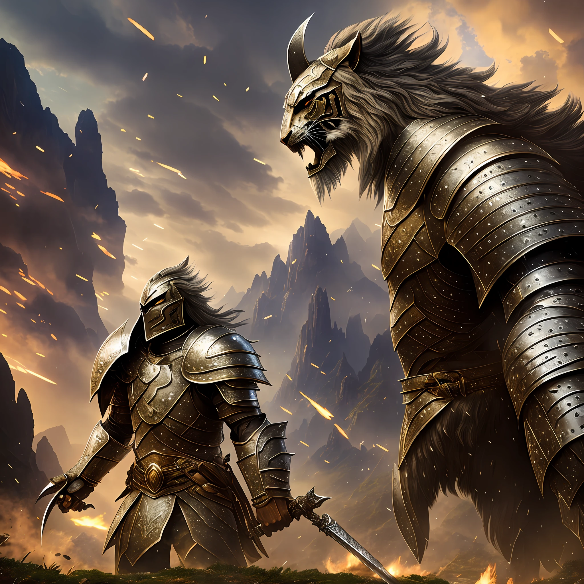 Humanoid tiger in armor, an epic fantasy scene with dramatic lighting and deep shadows, a low angle that highlights the grandeur of the character, ultra-realistic details, a mountainous realm landscape in the background, a battle environment with sword sparks, fallen enemy bodies and smoke, the character's long hair flowing in the wind, and gleaming armor reflecting light in all directions. --auto --s2