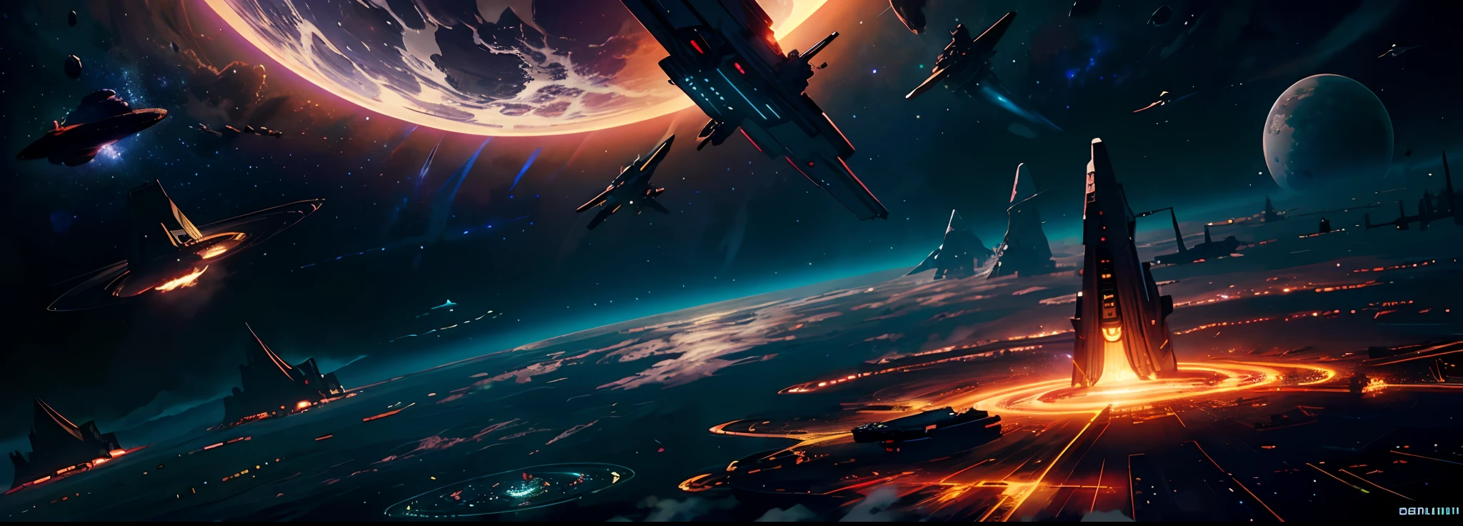 a galactic scene with human starships, bases, and large megastructures scattered across a star system